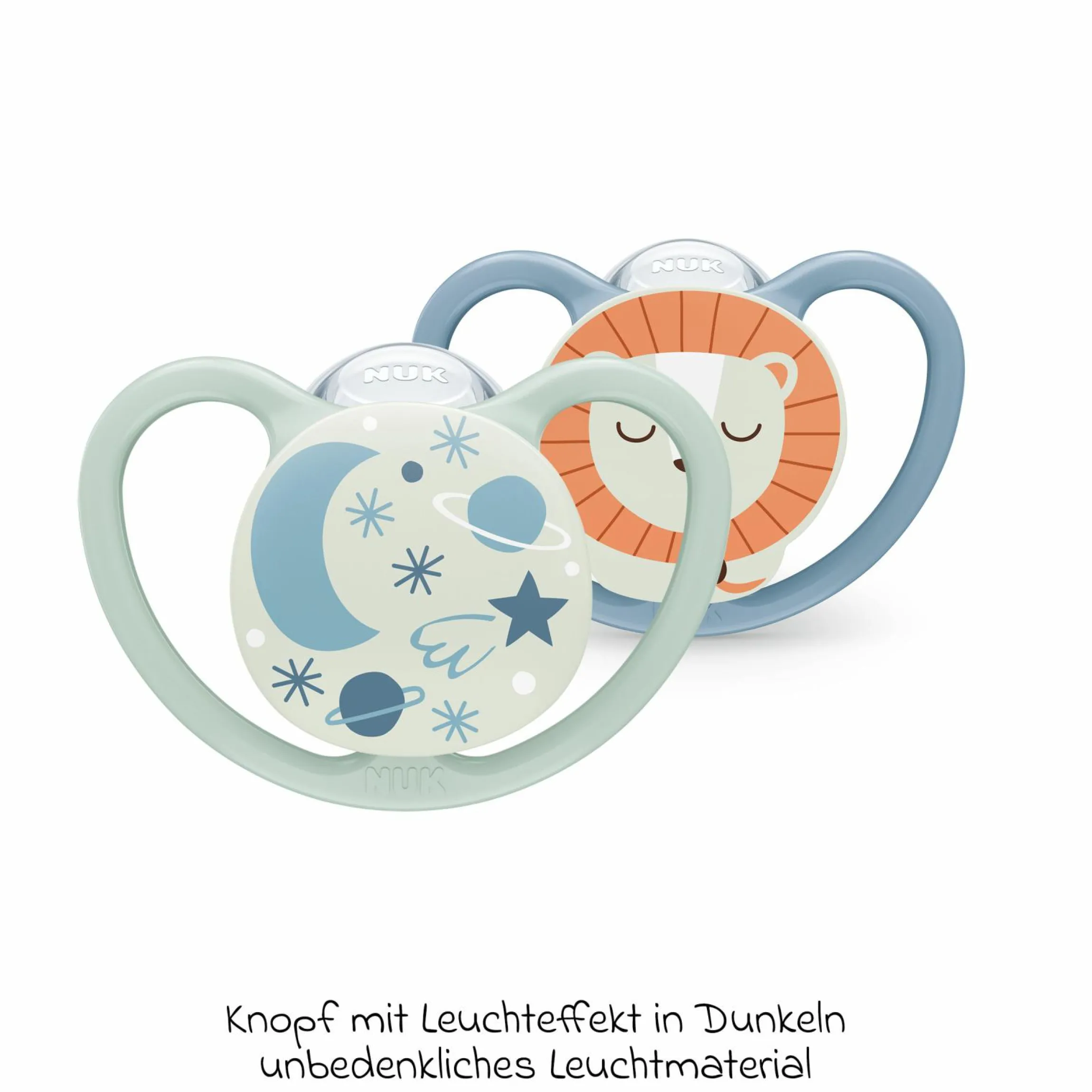 Leucht-Schnuller 2er Pack Space Night - Silikon 6-18 M - Löwe / Nachthimmel