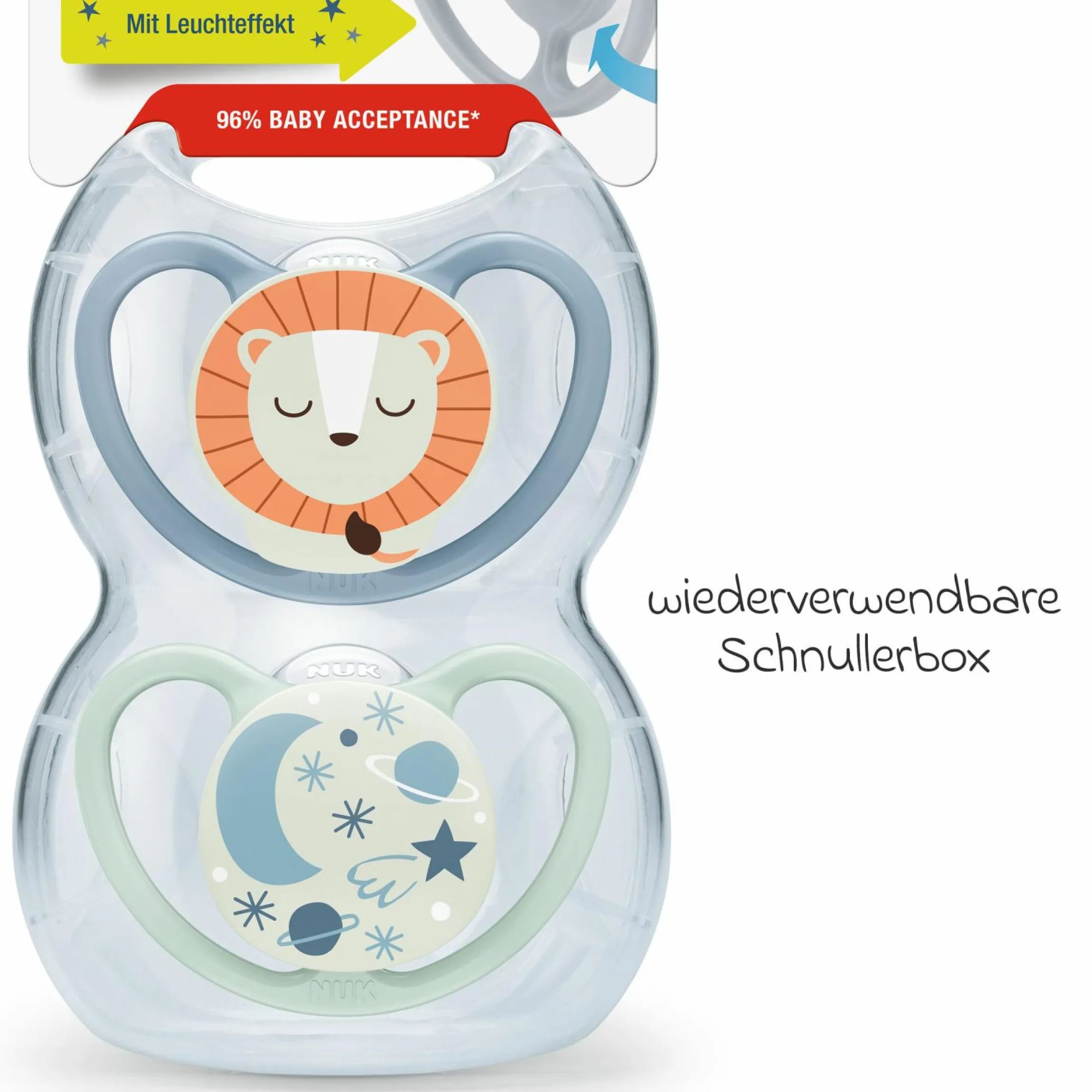 Leucht-Schnuller 2er Pack Space Night - Silikon 6-18 M - Löwe / Nachthimmel