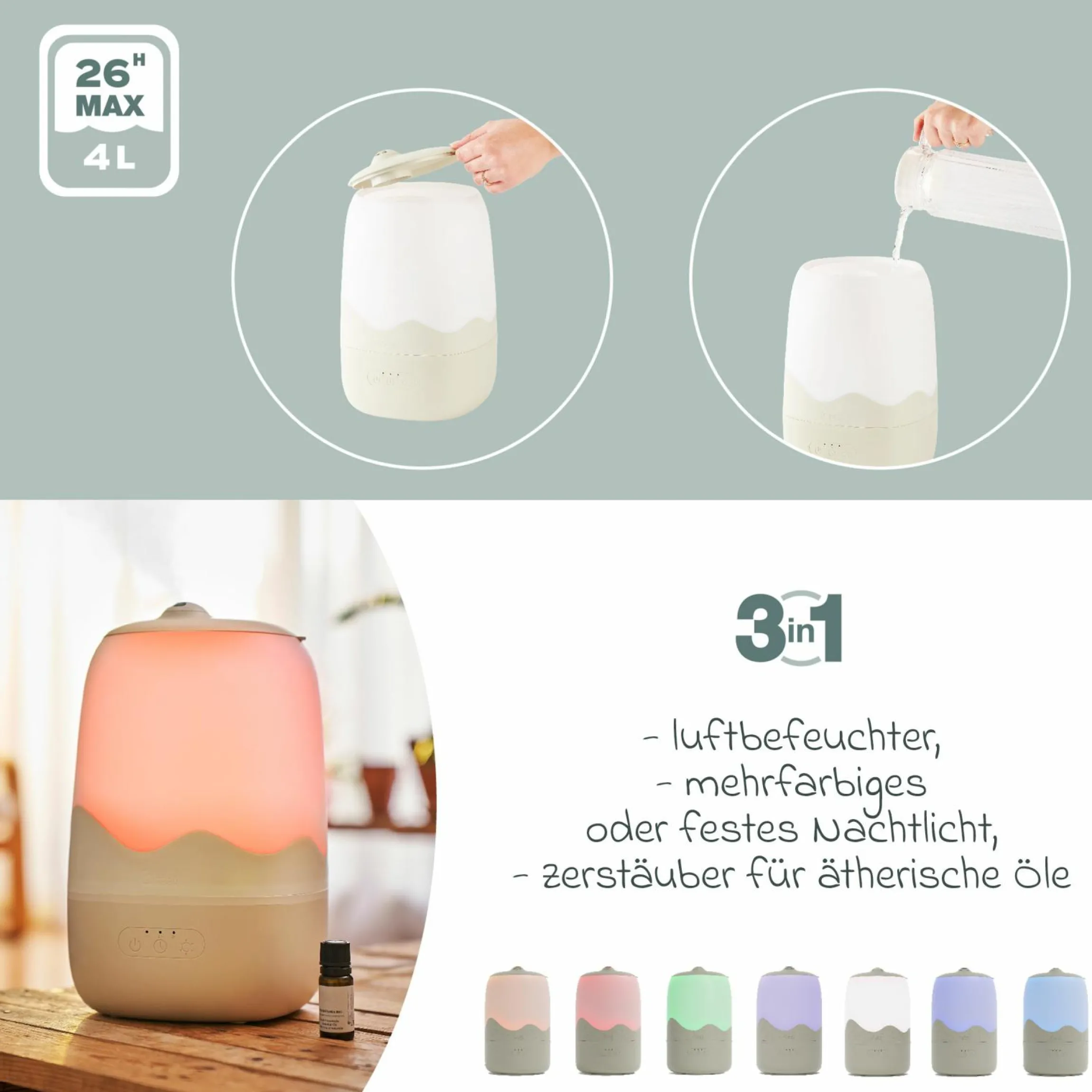 Luftbefeuchter Wave - mit Nachtlicht - Mineral Beige