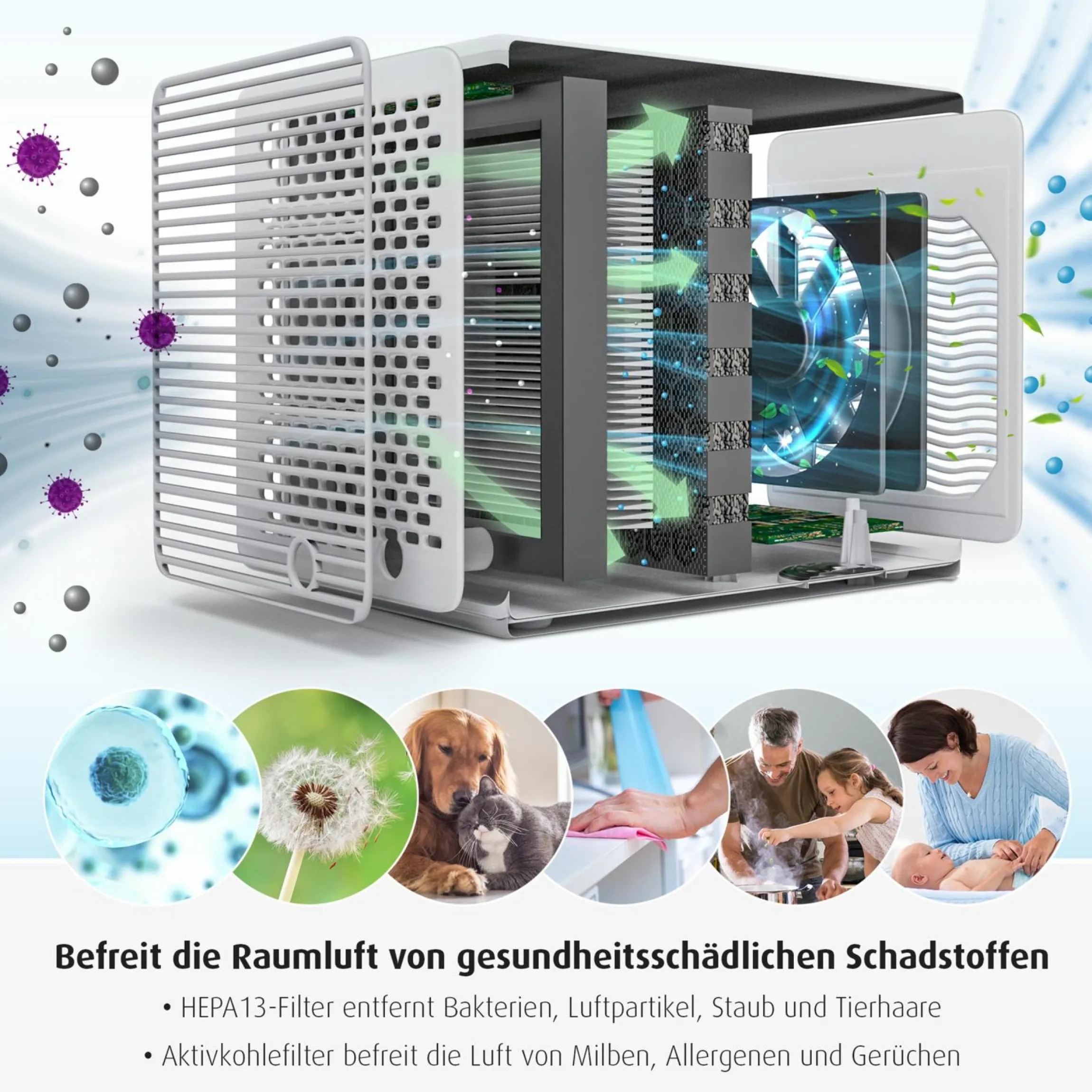 Luftreiniger 4in1 Air Purifer - mit Nachtlicht, Sternenprojektor & Musikfunktion - Weiß