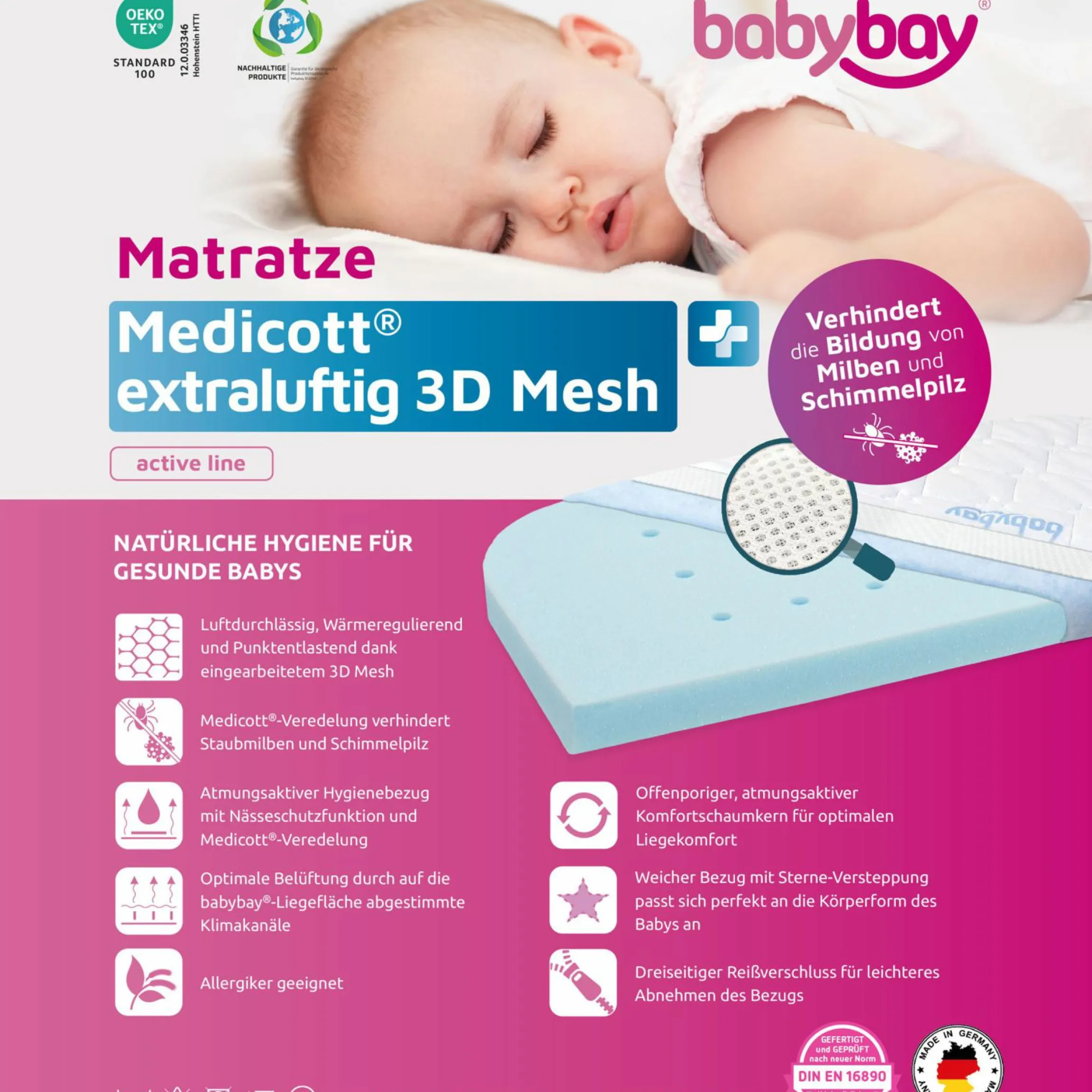Matratze Medicott extraluftig 3D Mesh für Beistellbett Maxi, Boxspring, Comfort Plus - Weiß - Kollektion 2024