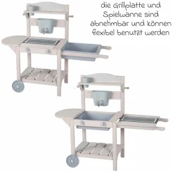 Mobile Spiel- und Matschküche BBQ mit Rollen, Spielwanne, Wasserbehälter mit Wasserhahn & Ablagefläche - Grau