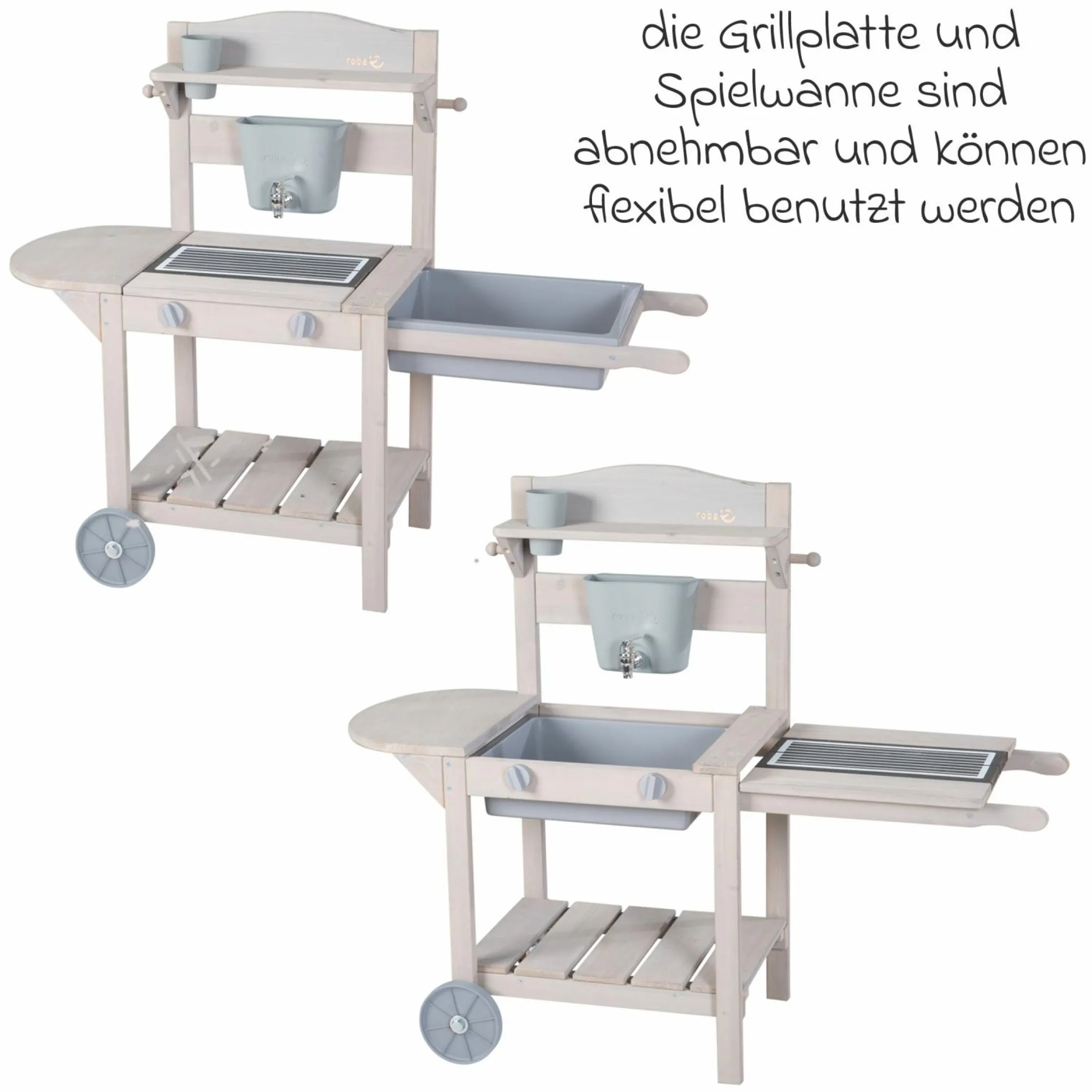 Mobile Spiel- und Matschküche BBQ mit Rollen, Spielwanne, Wasserbehälter mit Wasserhahn & Ablagefläche - Grau