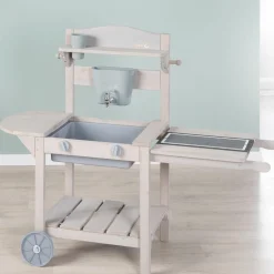Mobile Spiel- und Matschküche BBQ mit Rollen, Spielwanne, Wasserbehälter mit Wasserhahn & Ablagefläche - Grau