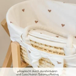 Moseskorb / Babykorb aus natürlichem Maisblatt inkl. Matratze + Auskleidung - Jersey - Hearts