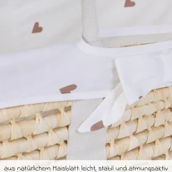 Moseskorb / Babykorb aus natürlichem Maisblatt inkl. Matratze + Auskleidung - Jersey - Hearts