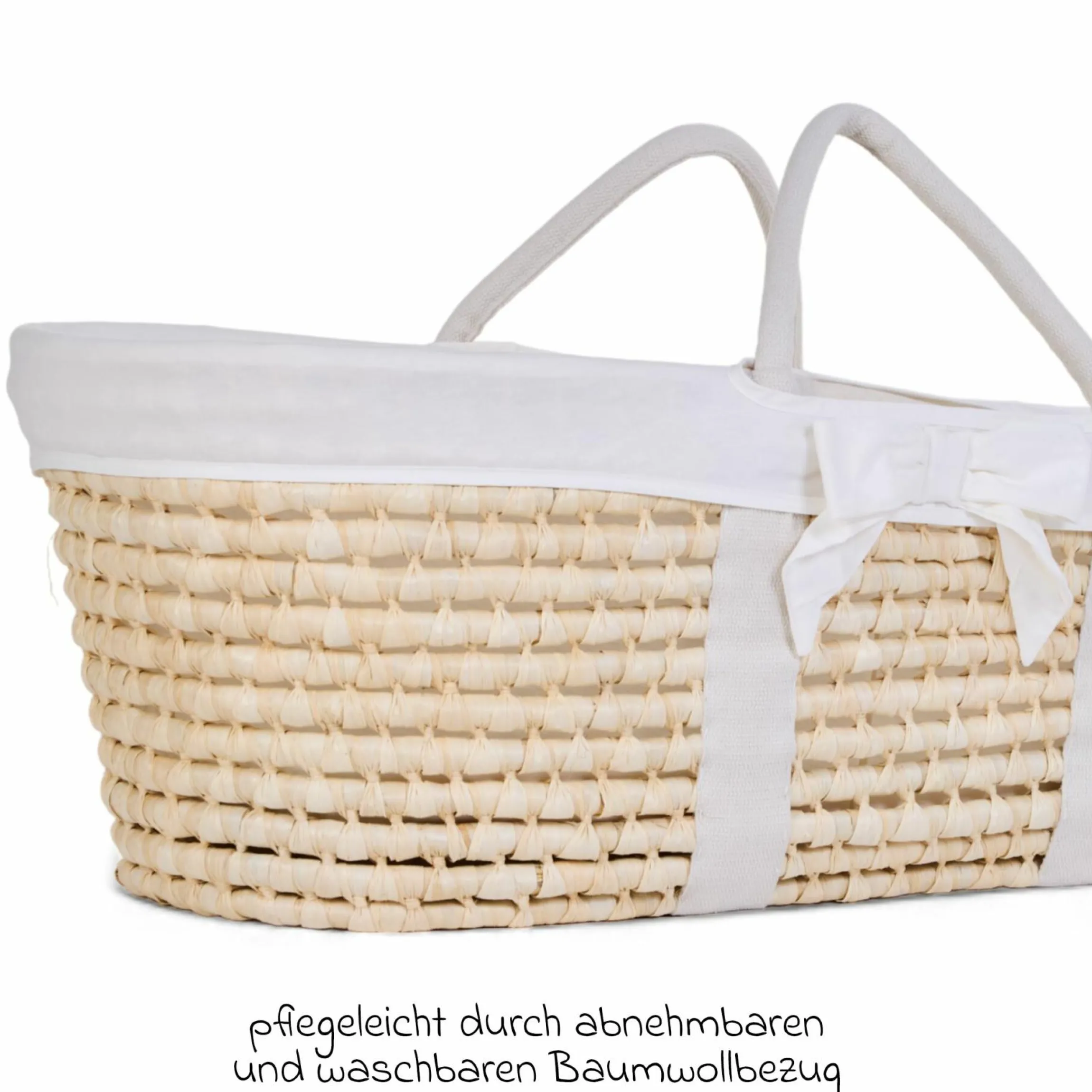 Moseskorb / Babykorb aus natürlichem Maisblatt inkl. Matratze + Auskleidung - Jersey - Offwhite