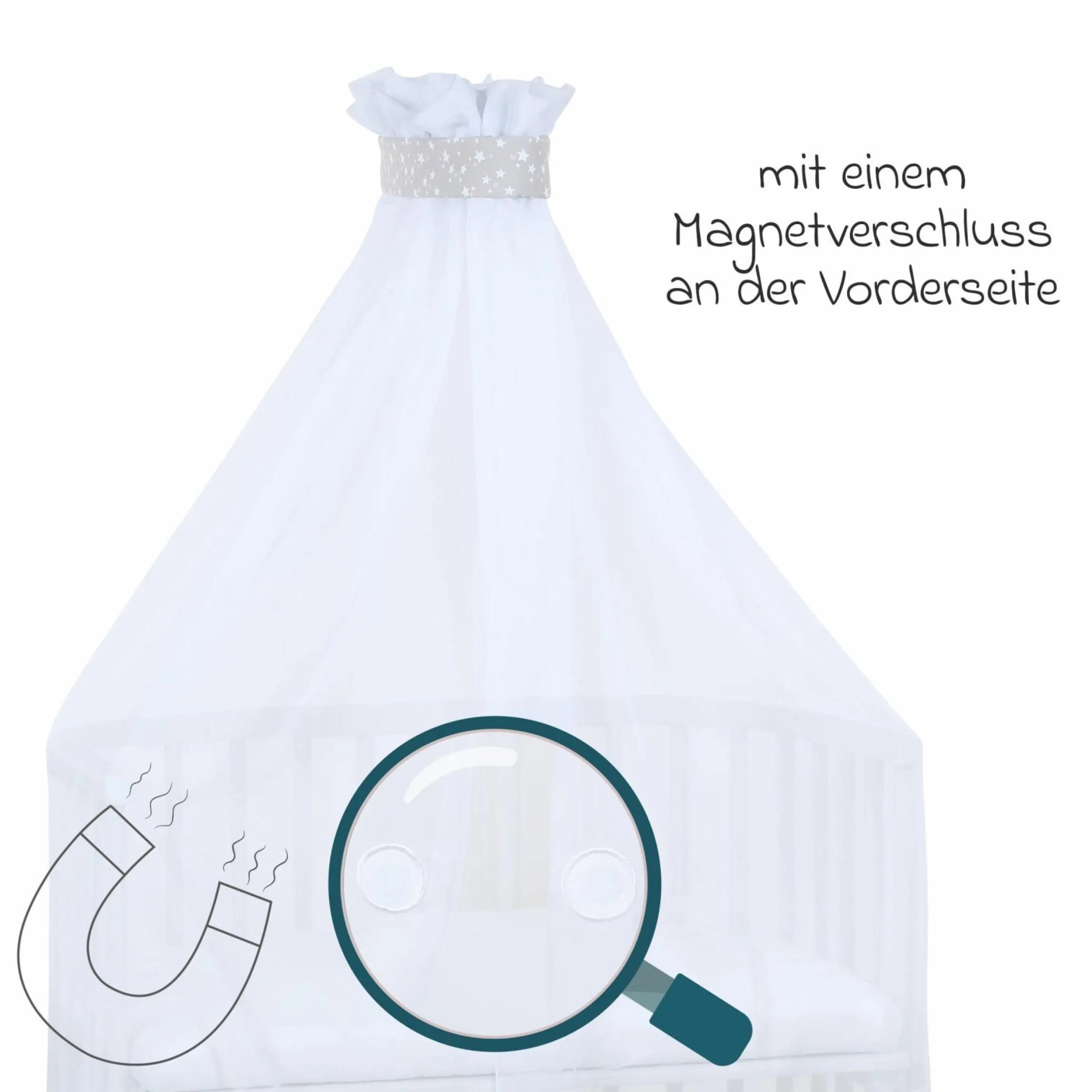 Moskitoschutz und Himmel für alle Beistellbetten bis 96 cm Länge - Sterne Perlgrau - Weiß - Kollektion 2024