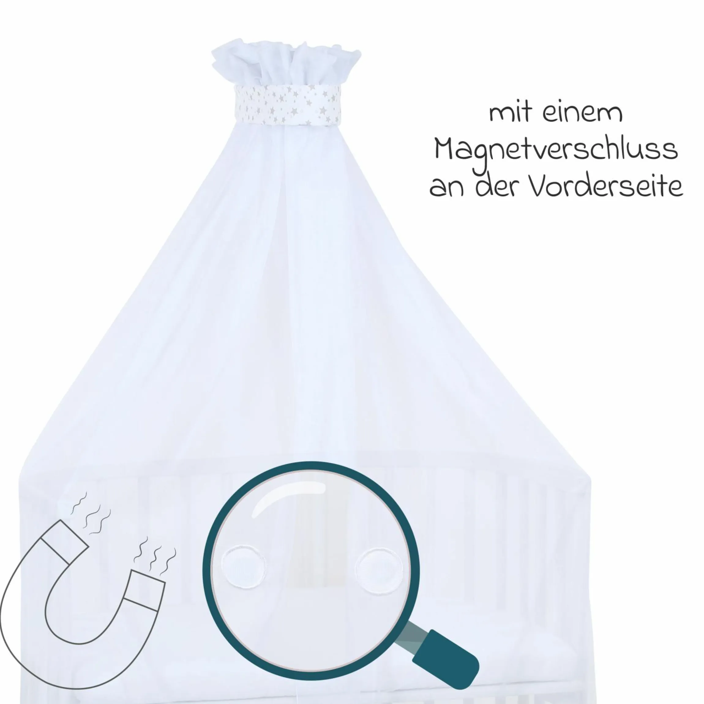 Moskitoschutz und Himmel für alle Beistellbetten bis 96 cm Länge - Sterne Weiß - Perlgrau - Kollektion 2024