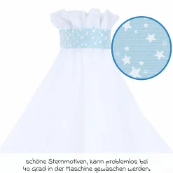 Moskitoschutz und Himmel für alle Beistellbetten bis 96 cm Länge - Sterne Azurblau - Weiß - Kollektion 2024
