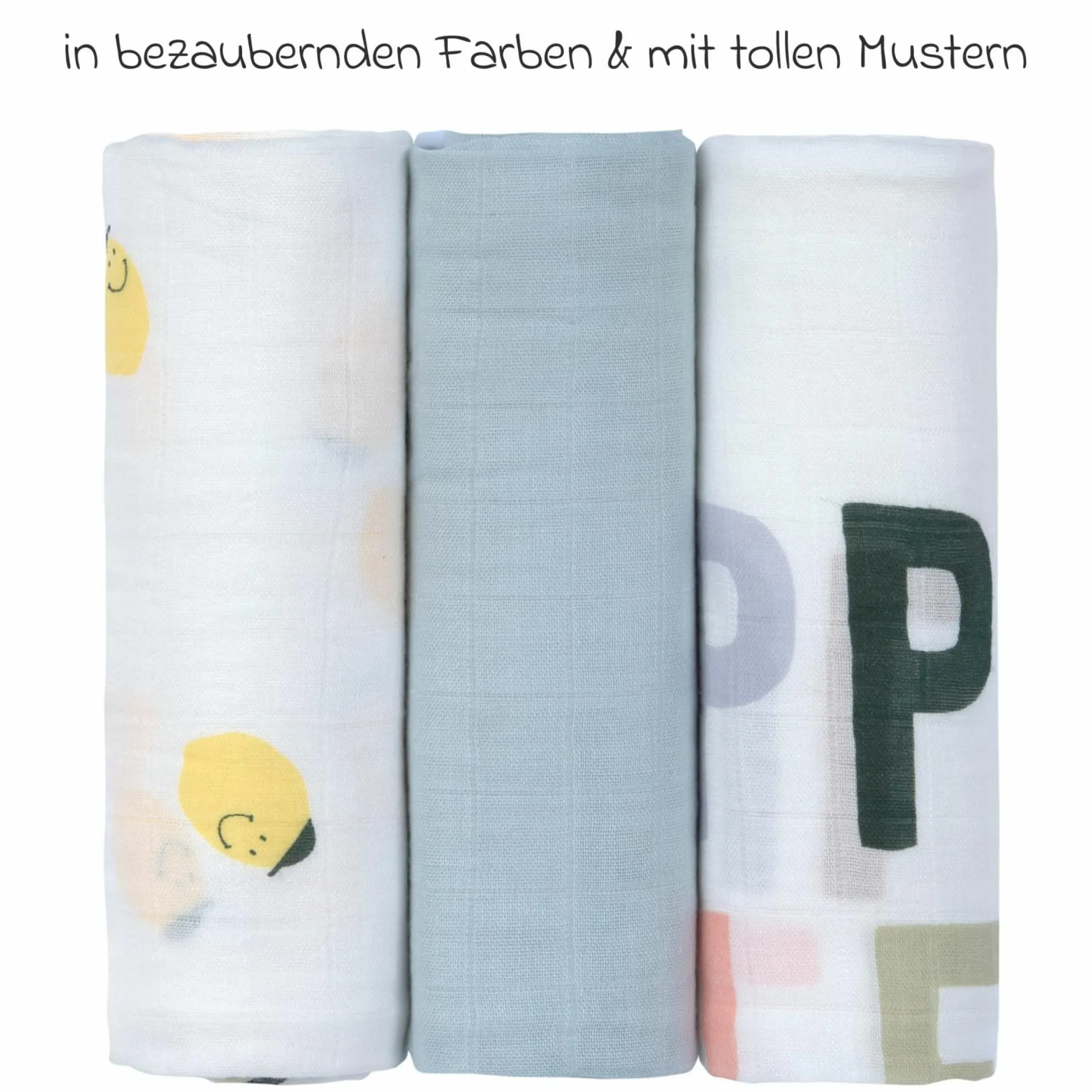 Mulltuch 3er Pack Heavenly Soft Swaddle L - Bambus 80 x 80 cm - Happy Fruits - Lemon