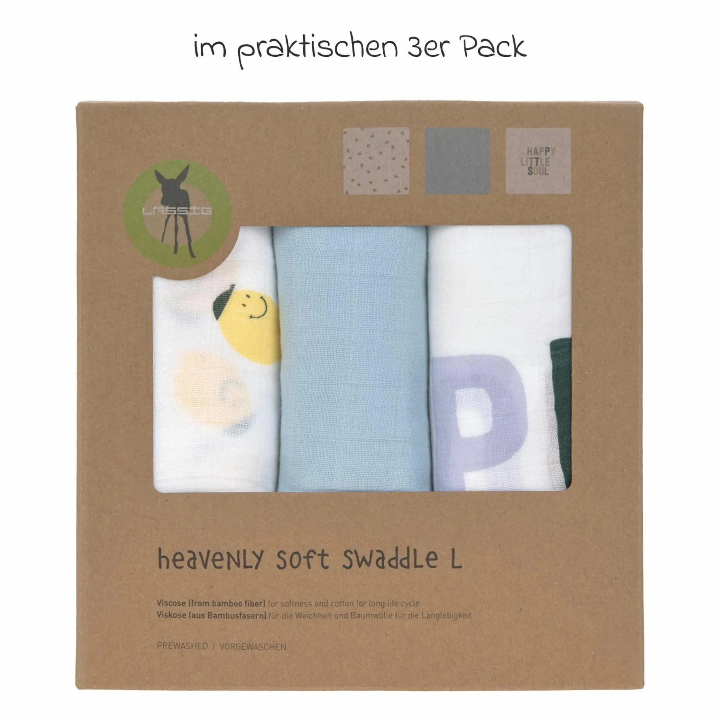 Mulltuch 3er Pack Heavenly Soft Swaddle L - Bambus 80 x 80 cm - Happy Fruits - Lemon