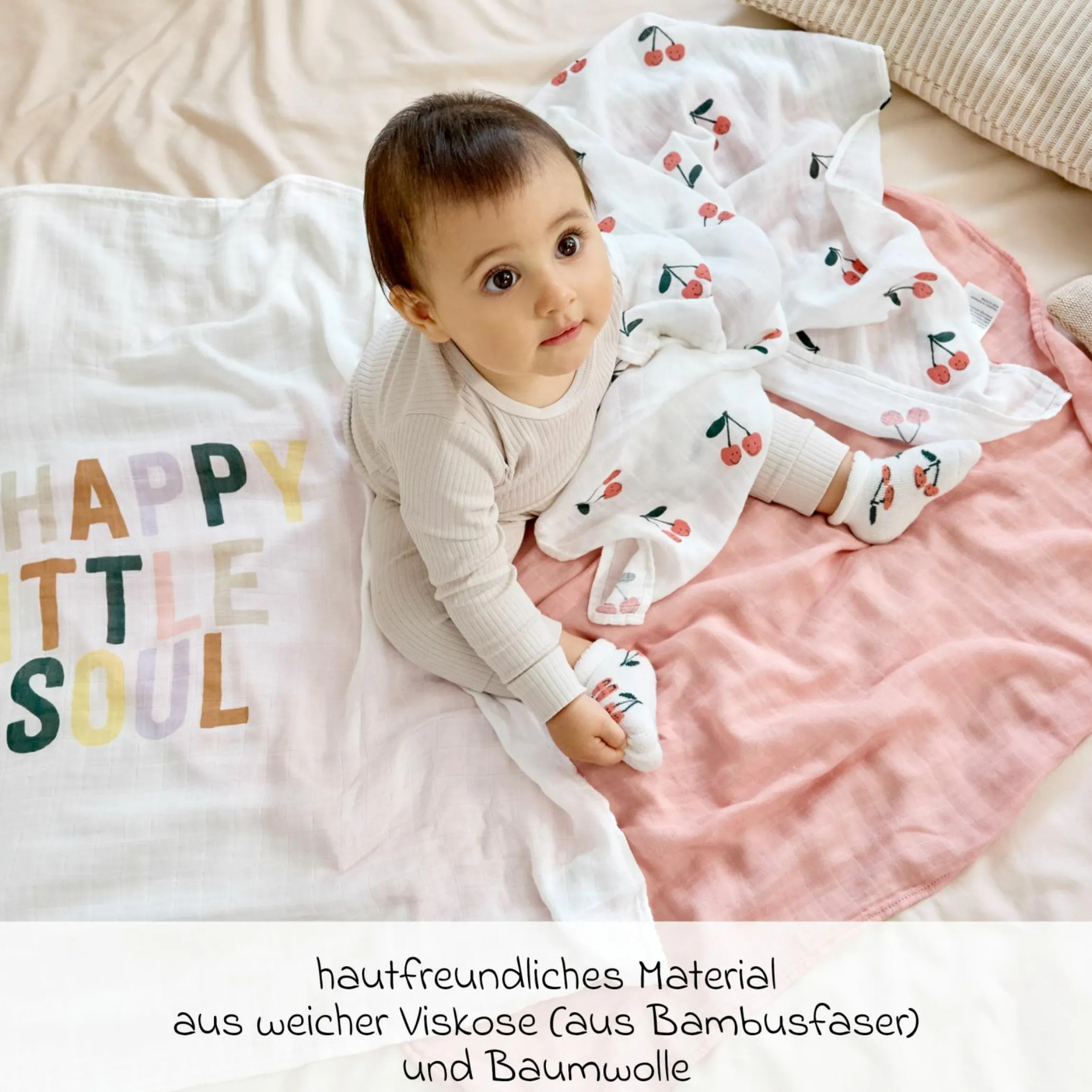 Mulltuch 3er Pack Heavenly Soft Swaddle L - Bambus 80 x 80 cm - Happy Fruits - Cherry