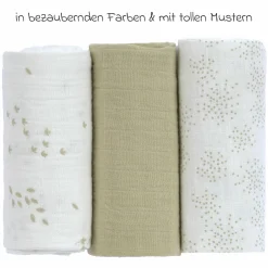 Mulltuch 3er Pack Swaddle M Bio-Baumwolle 60 x 60 cm - Leave - Olive Milky