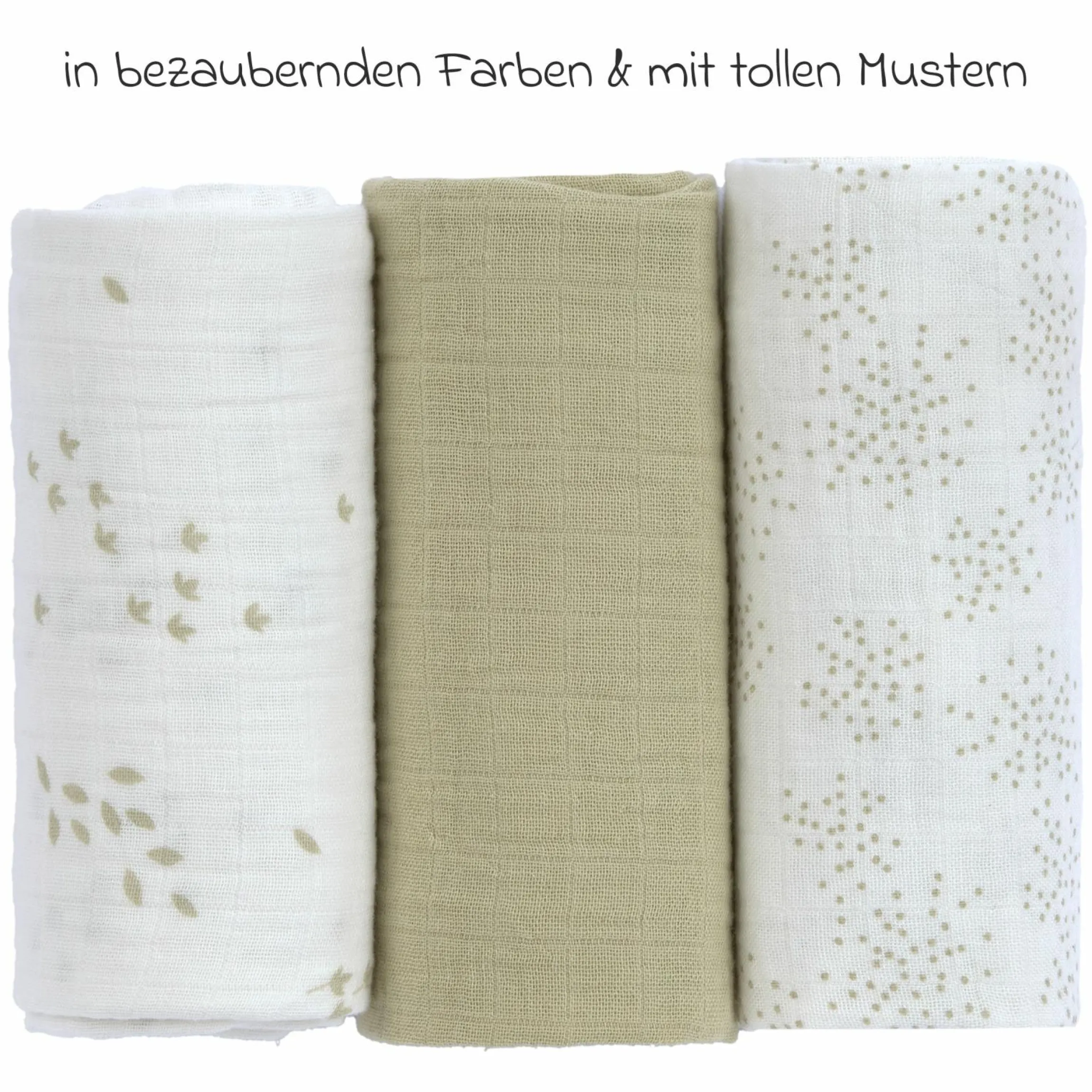 Mulltuch 3er Pack Swaddle M Bio-Baumwolle 60 x 60 cm - Leave - Olive Milky