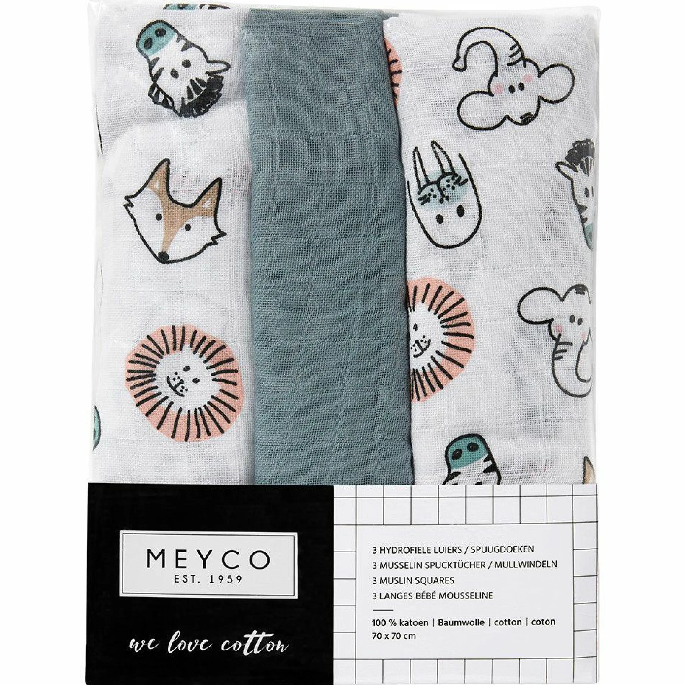 Mullwindel / Mulltuch / Pucktuch - Swaddle - 3er Pack - 70 x 70 cm - Animals