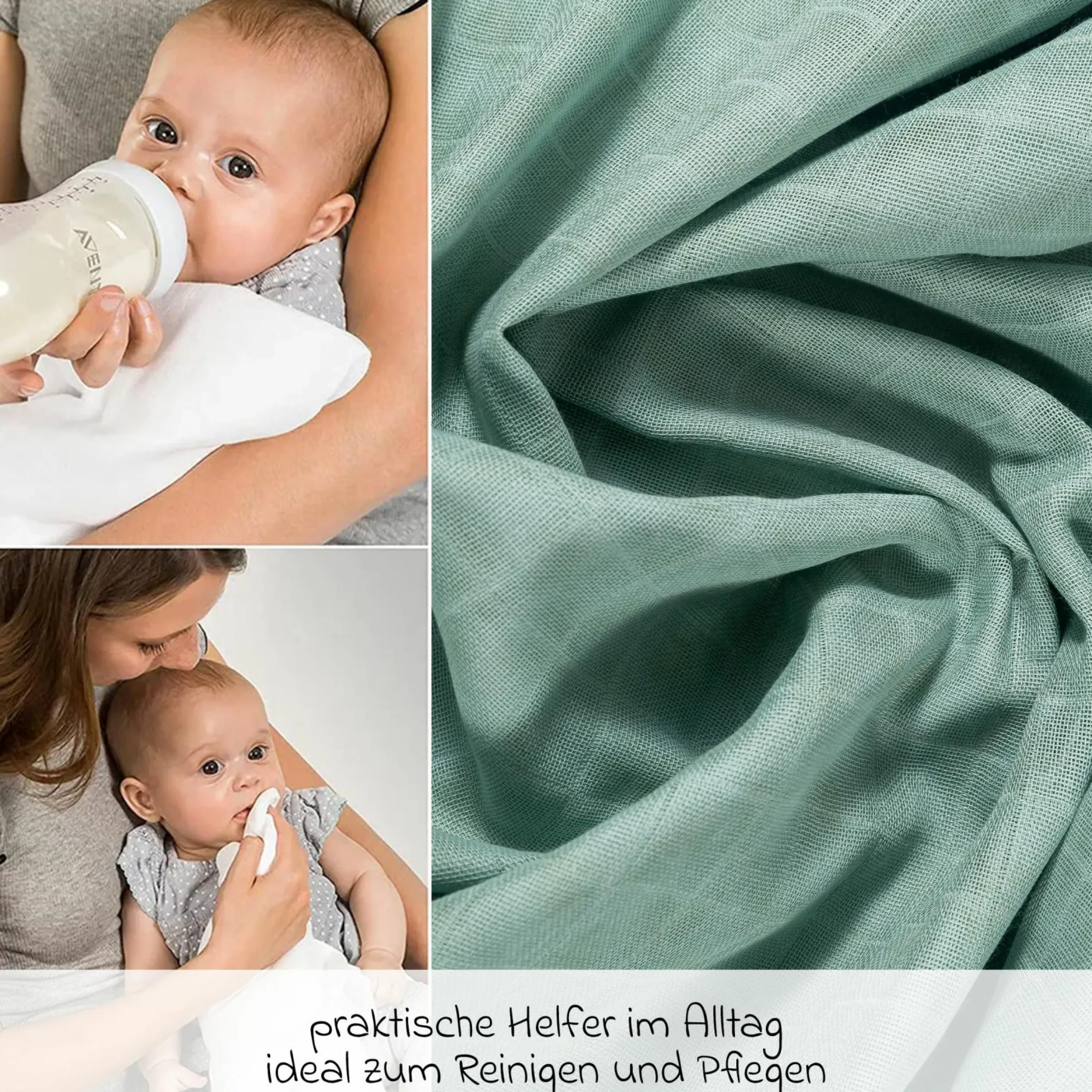 Mullwindel / Mulltuch 4er Pack 70 x 70 cm - Weiß / Mint / Icegreen / Grau