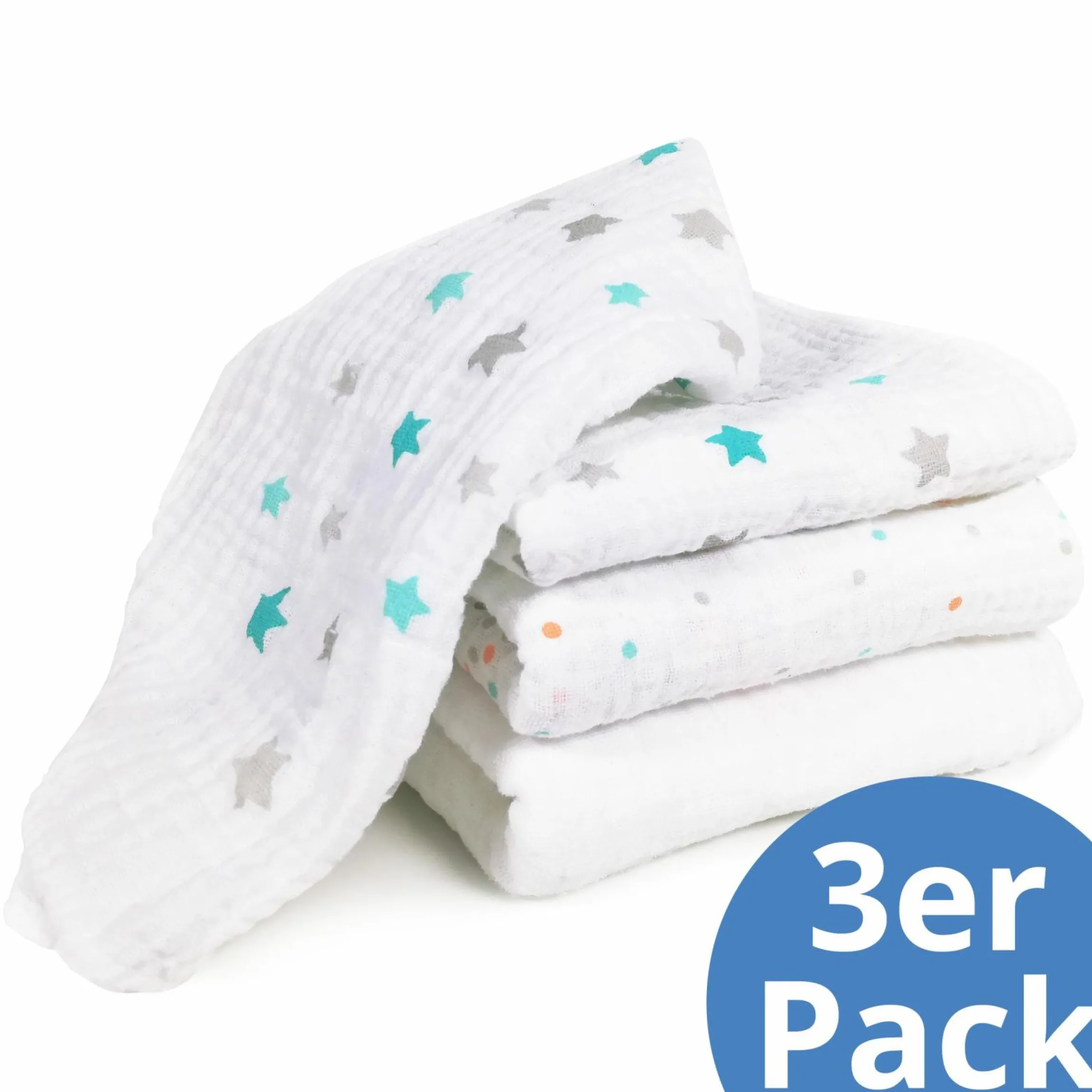 Mullwindel / Mulltuch 3er Pack 80 x 80 cm - Punkte / Sterne / Weiß