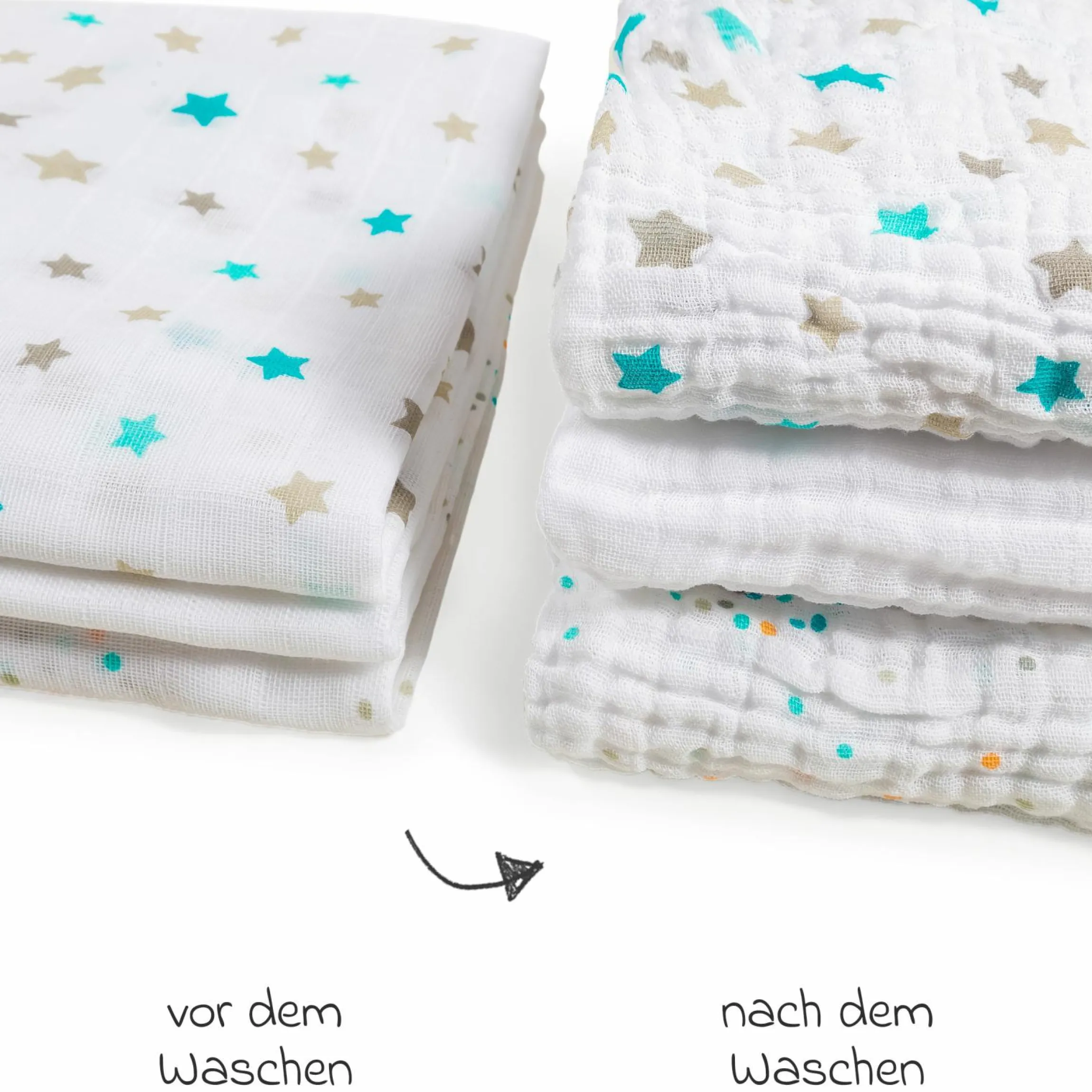 Mullwindel / Mulltuch 3er Pack 80 x 80 cm - Punkte / Sterne / Weiß