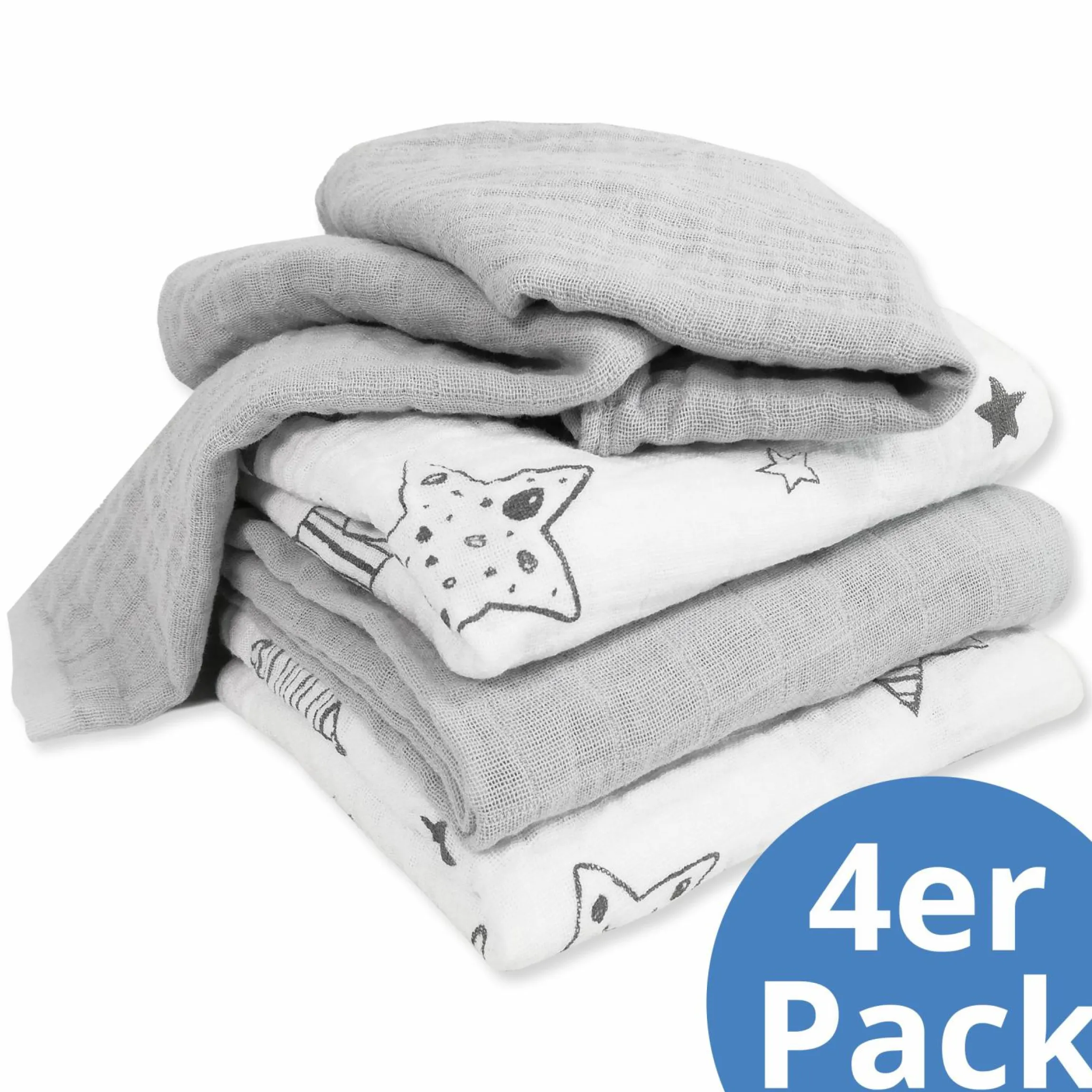 Mullwindel / Mulltuch 4er Pack 70 x 70 cm - Sterne - Weiß Grau