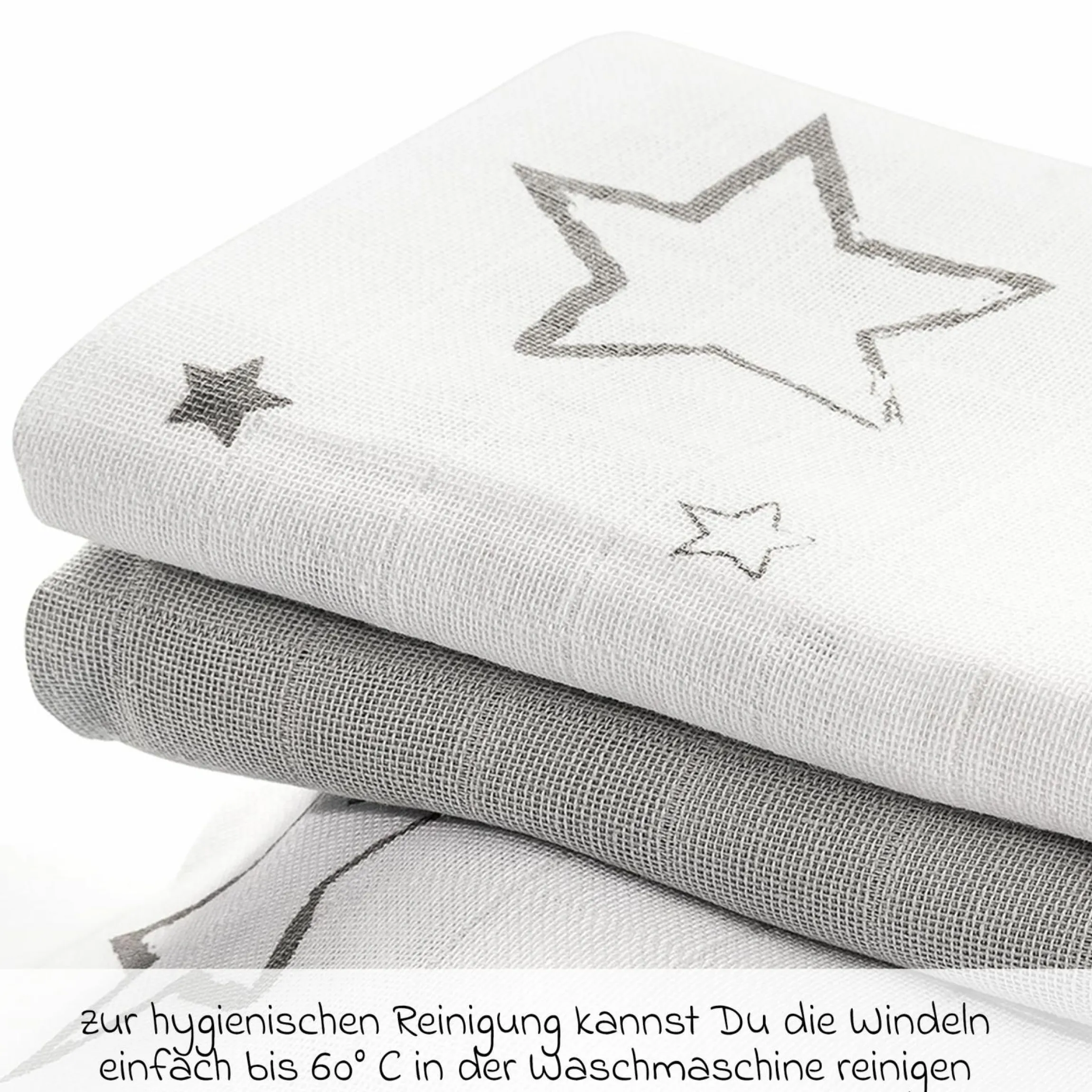 Mullwindel / Mulltuch 4er Pack 70 x 70 cm - Sterne - Weiß Grau