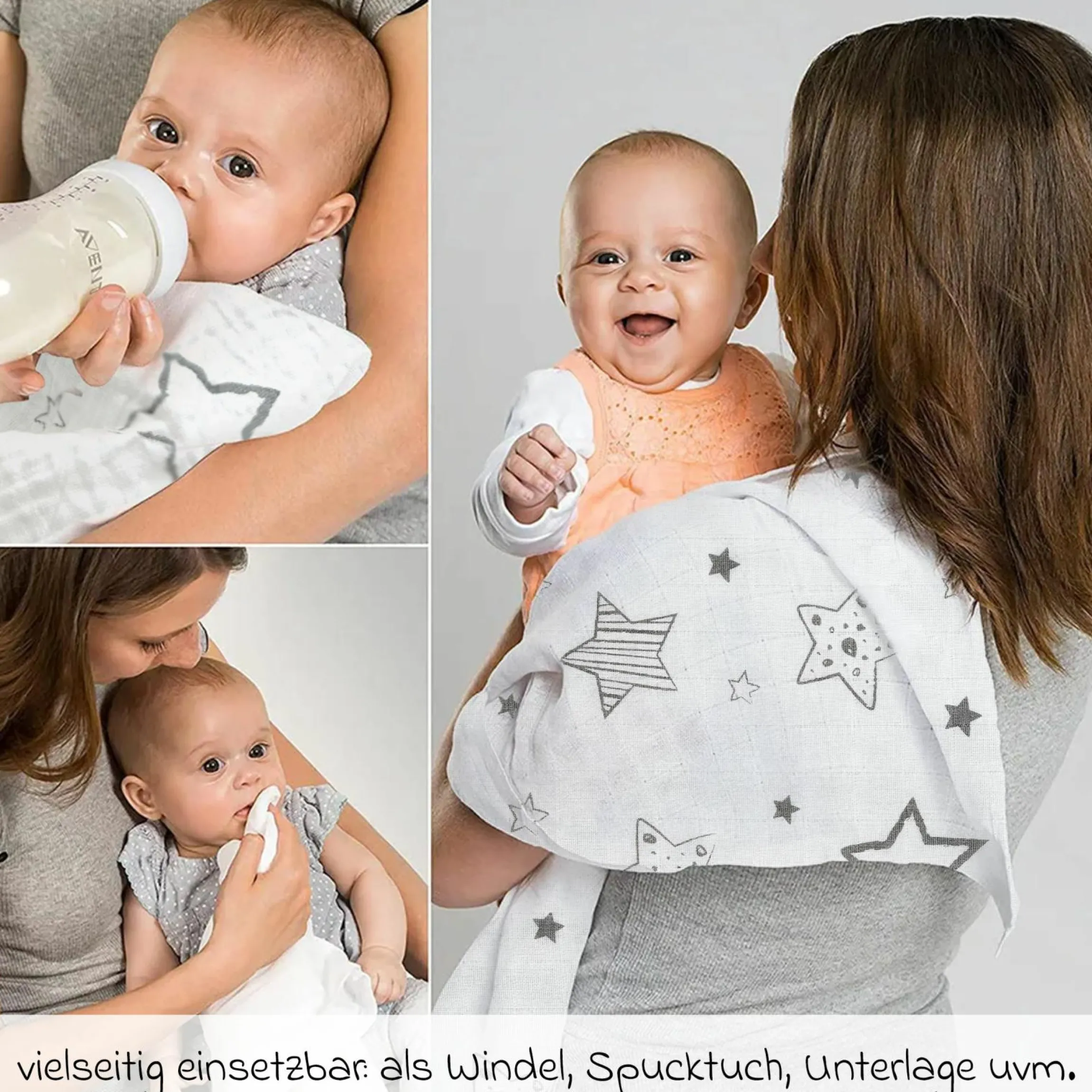 Mullwindel / Mulltuch 4er Pack 70 x 70 cm - Sterne - Weiß Grau