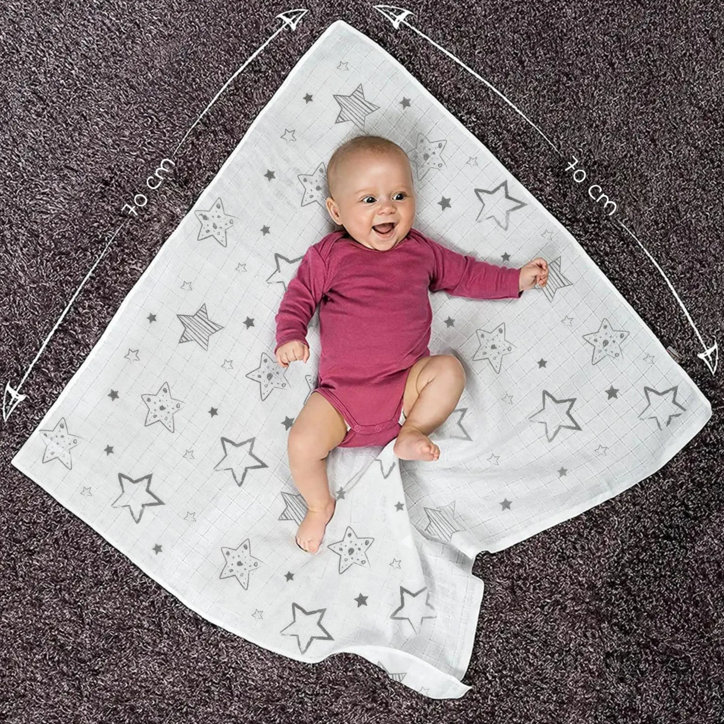 Mullwindel / Mulltuch 4er Pack 70 x 70 cm - Sterne - Weiß Grau
