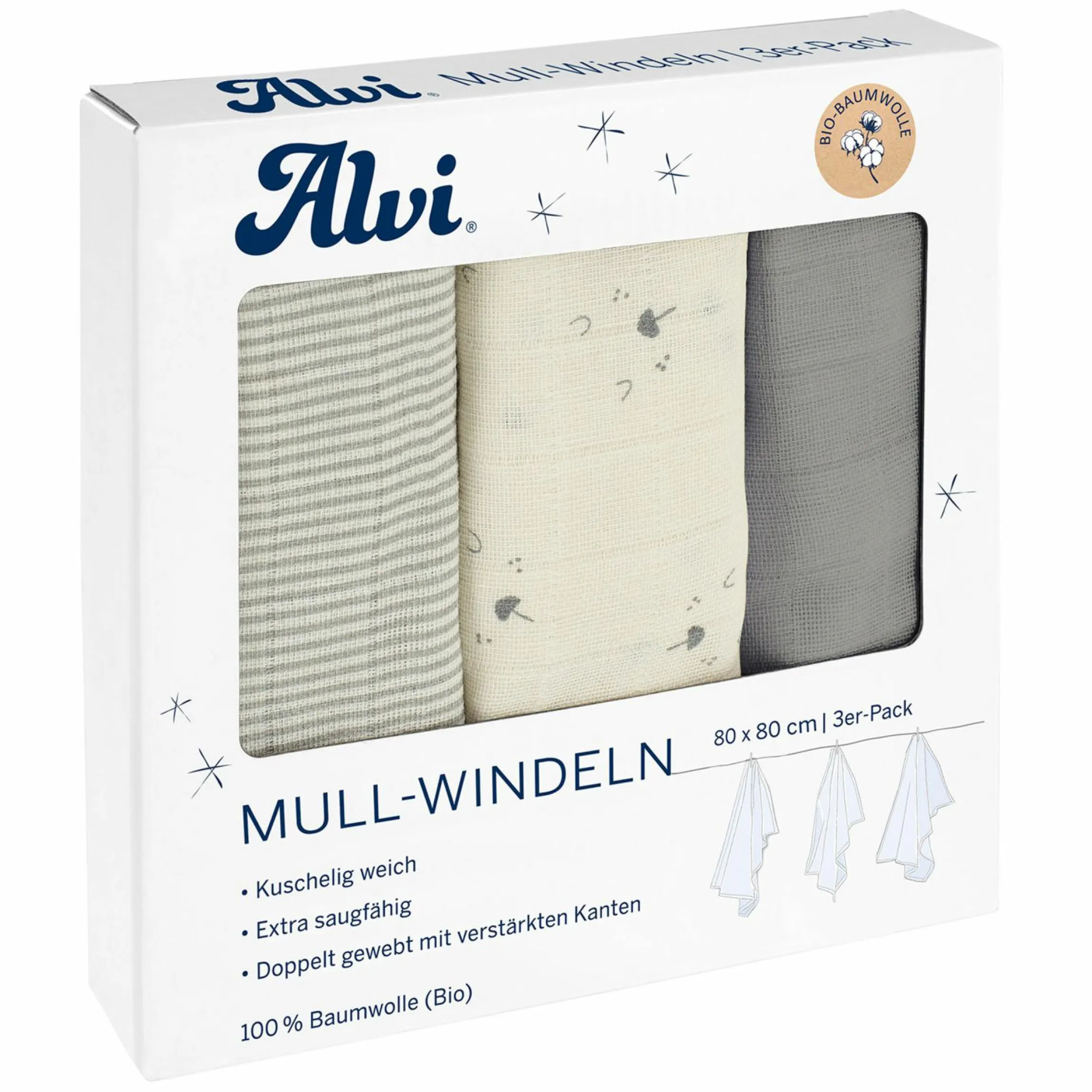 Mullwindel / Mulltuch 3er Pack - Organic Cotton 80 x 80 cm - Faces