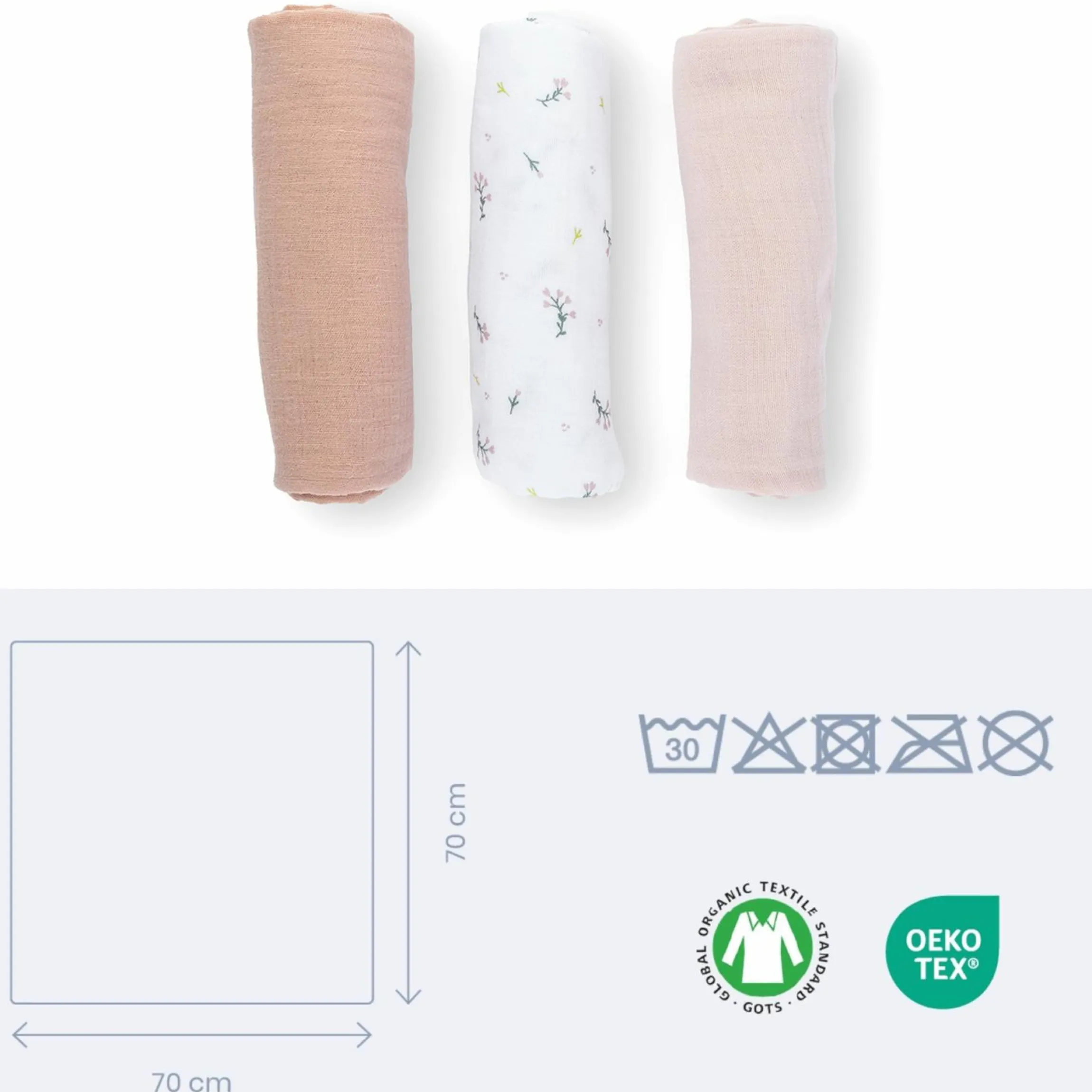 Mullwindel / Mulltuch 3er Pack Lovely 70 x 70 cm - Flower Pink