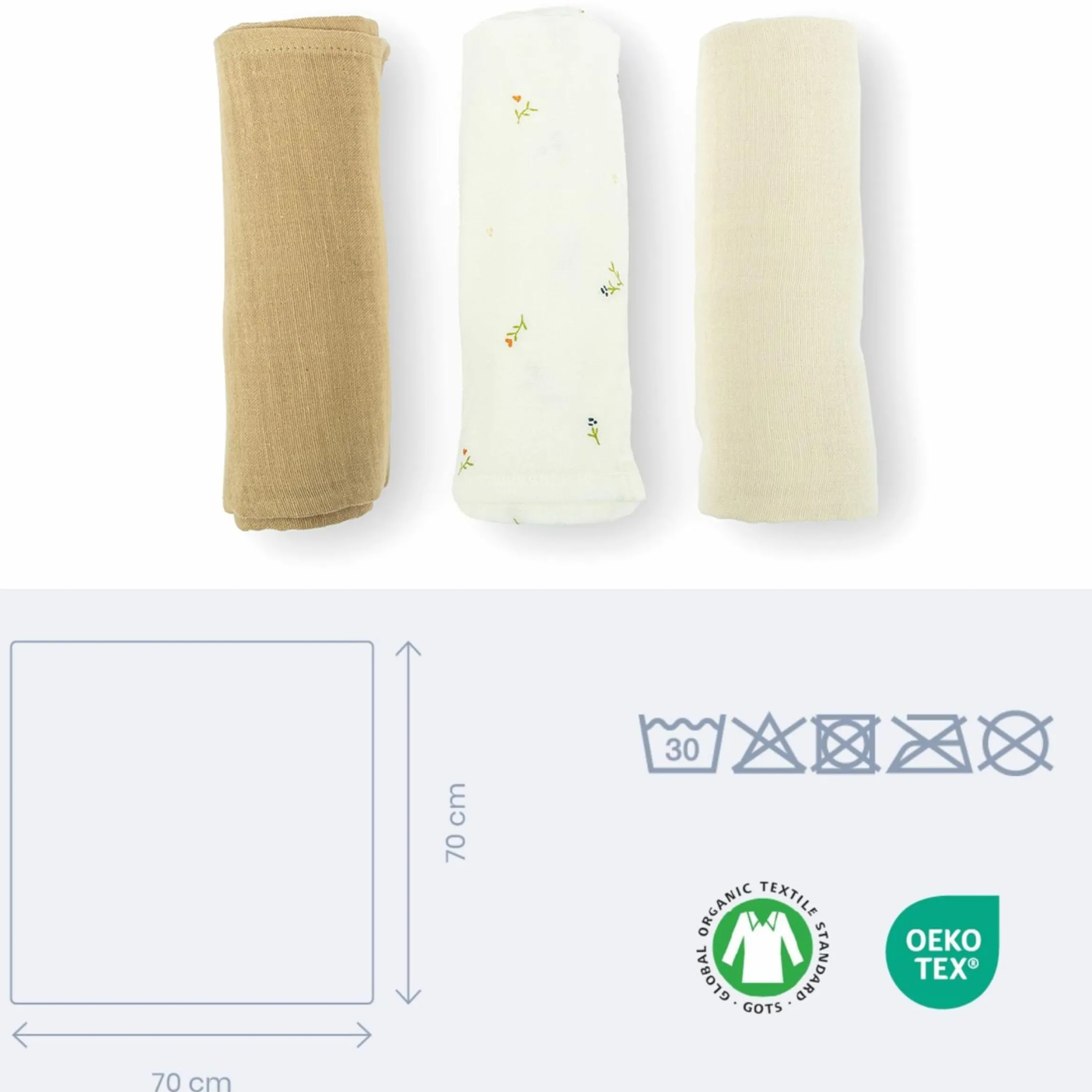 Mullwindel / Mulltuch 3er Pack Lovely 70 x 70 cm - Sweety Cream