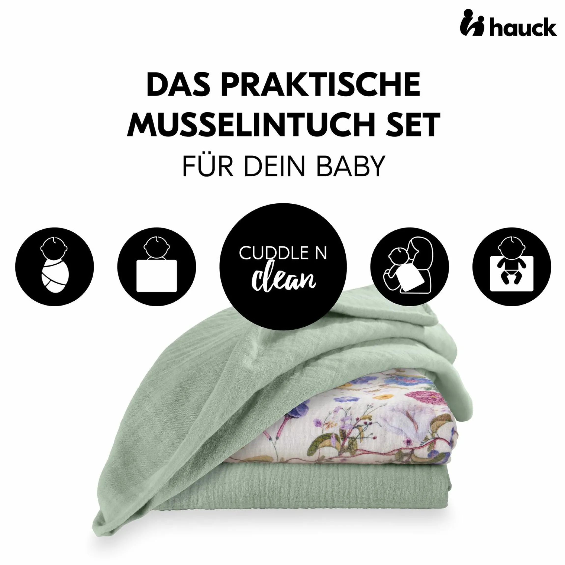 Mullwindeln / Mulltücher / Spucktücher Cuddle N Clean - 3er Set 80 x 80 cm - Sage / Beige / Floral