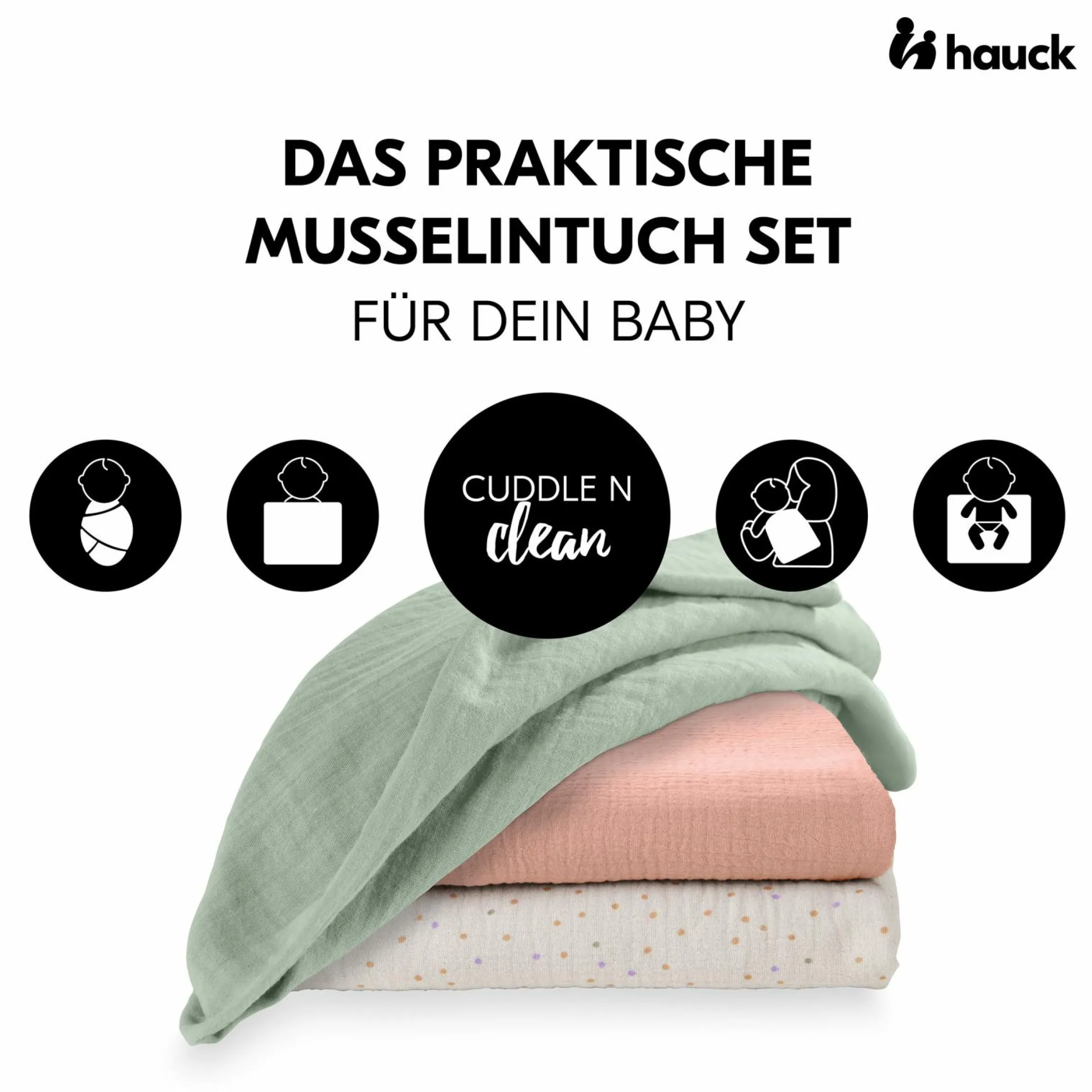 Mullwindeln / Mulltücher / Spucktücher Cuddle N Clean - 3er Set 80 x 80 cm - Sage / Beige Dots / Cork