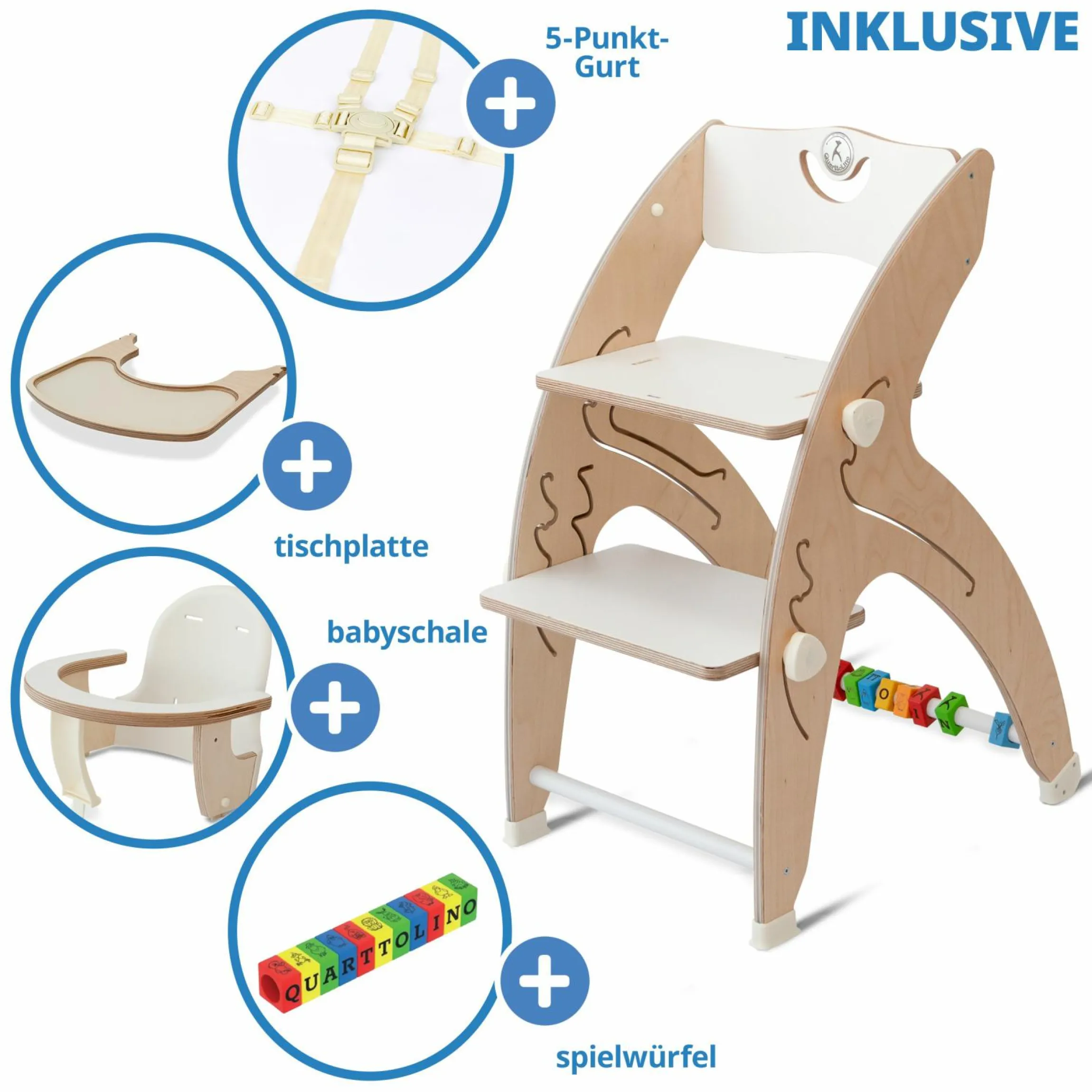 Multifunktionaler Hochstuhl-Set inkl. Babysitz, Tischplatte, Spielwürfel, Sicherheitsgurt - Hochstuhl, Schaukel, Treppe, Lerntower & Babywippe in einem bis 150 kg nutzbar - Weiß - Kollektion 2024
