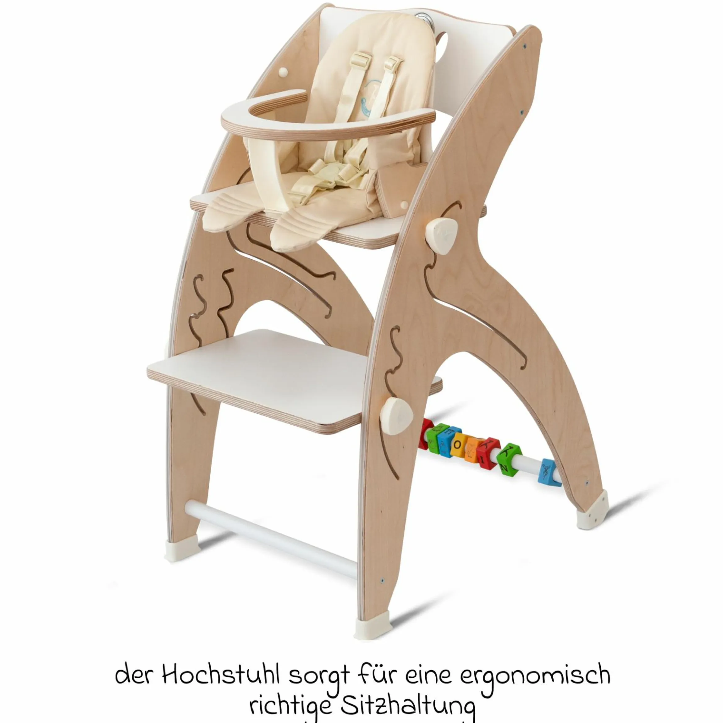 Multifunktionaler Hochstuhl-Set inkl. Babysitz, Tischplatte, Spielwürfel, Sicherheitsgurt - Hochstuhl, Schaukel, Treppe, Lerntower & Babywippe in einem bis 150 kg nutzbar - Weiß - Kollektion 2024