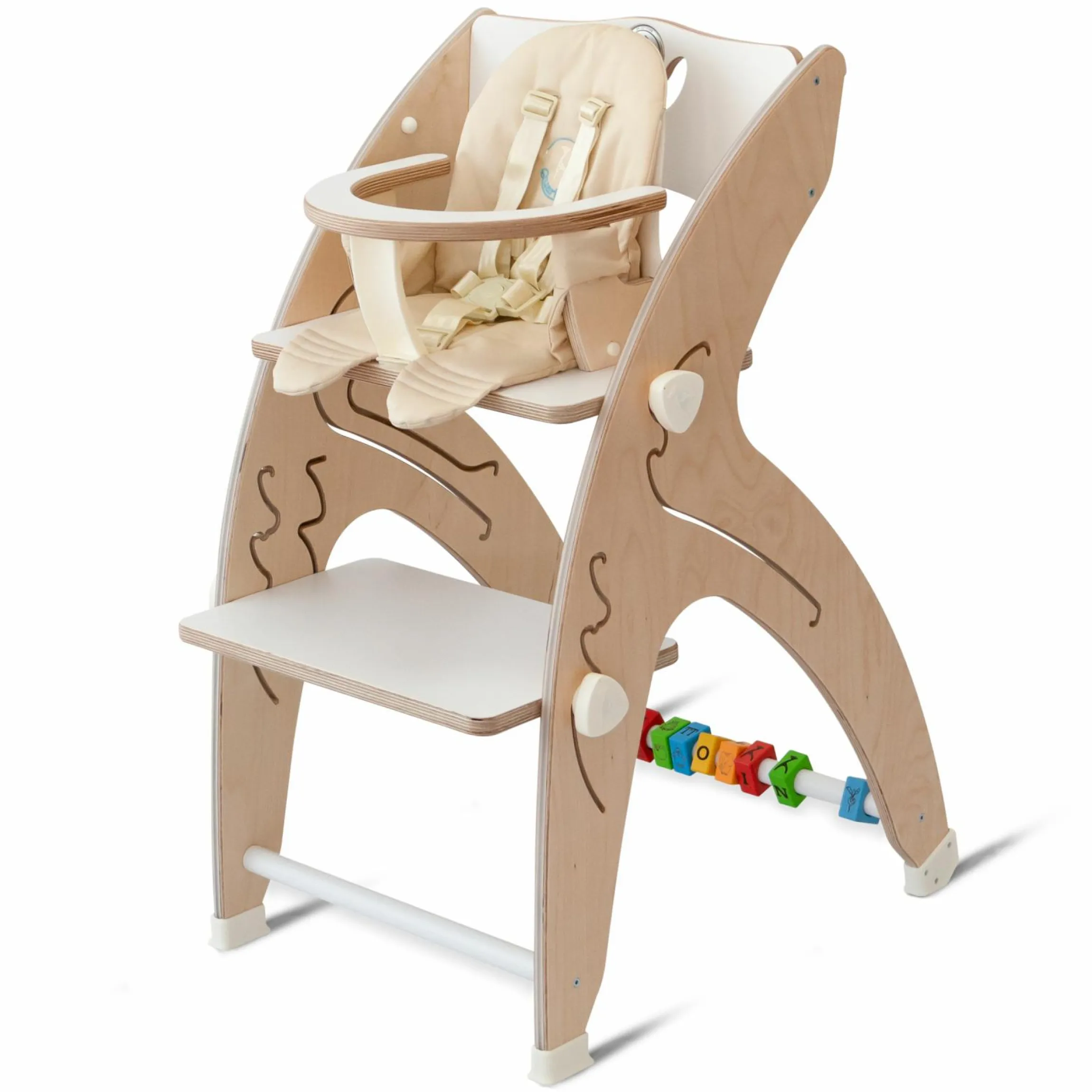 Multifunktionaler Hochstuhl-Set inkl. Babysitz, Tischplatte, Spielwürfel, Sicherheitsgurt - Hochstuhl, Schaukel, Treppe, Lerntower & Babywippe in einem bis 150 kg nutzbar - Weiß - Kollektion 2024