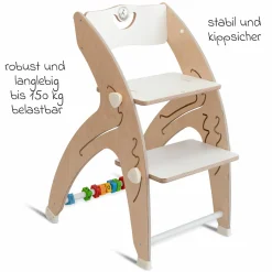 Multifunktionaler Hochstuhl aus Holz - Hochstuhl, Schaukel, Treppe, Lerntower & Babywippe in einem bis 150 kg nutzbar - Weiß - Kollektion 2024