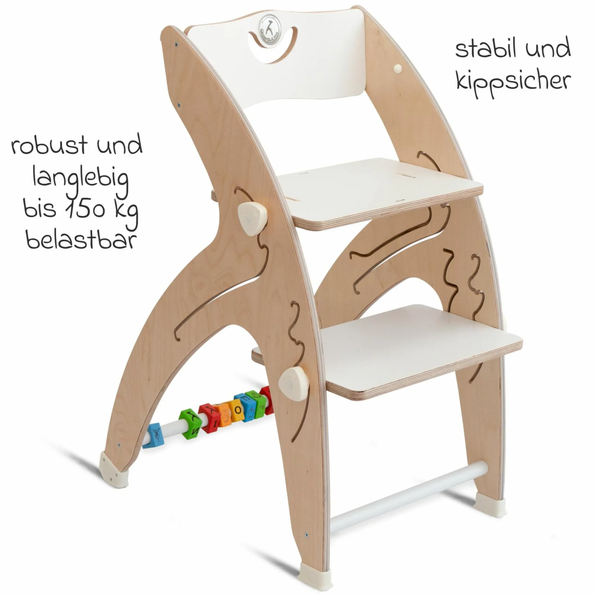Multifunktionaler Hochstuhl aus Holz - Hochstuhl, Schaukel, Treppe, Lerntower & Babywippe in einem bis 150 kg nutzbar - Weiß - Kollektion 2024