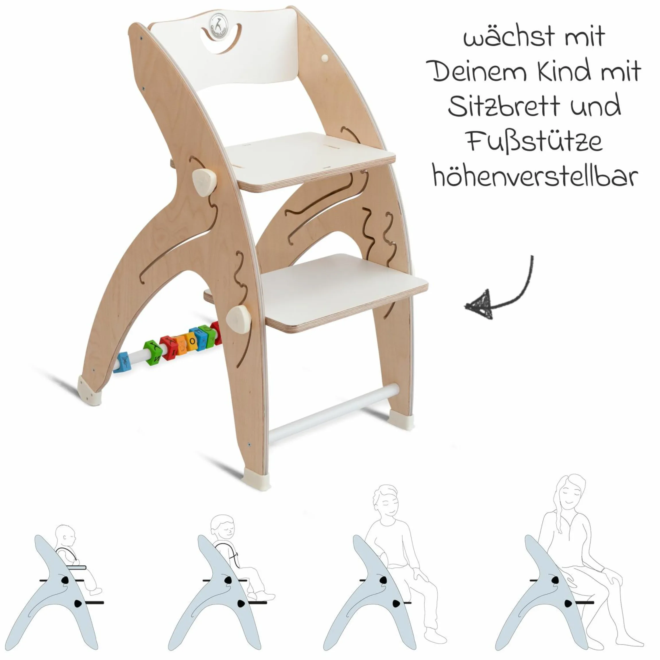 Multifunktionaler Hochstuhl aus Holz - Hochstuhl, Schaukel, Treppe, Lerntower & Babywippe in einem bis 150 kg nutzbar - Weiß - Kollektion 2024