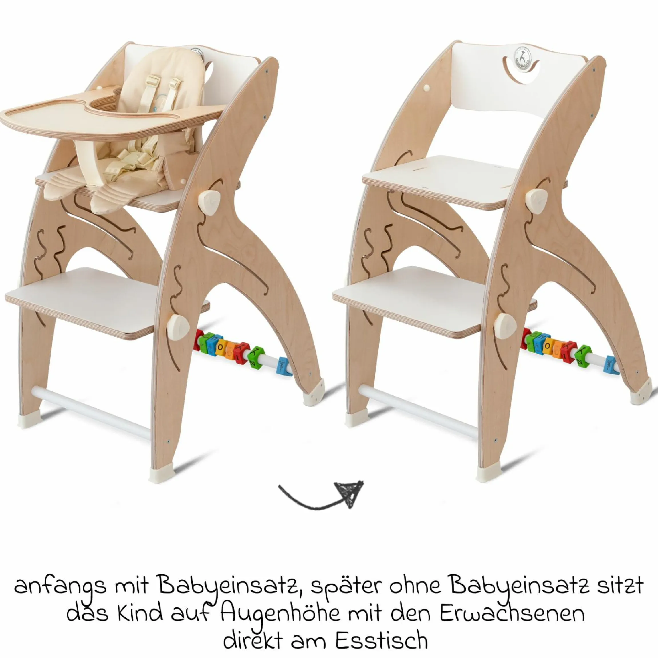 Multifunktionaler Hochstuhl aus Holz - Hochstuhl, Schaukel, Treppe, Lerntower & Babywippe in einem bis 150 kg nutzbar - Weiß - Kollektion 2024