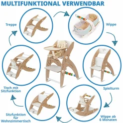 Multifunktionaler Hochstuhl aus Holz - Hochstuhl, Schaukel, Treppe, Lerntower & Babywippe in einem bis 150 kg nutzbar - Weiß - Kollektion 2024