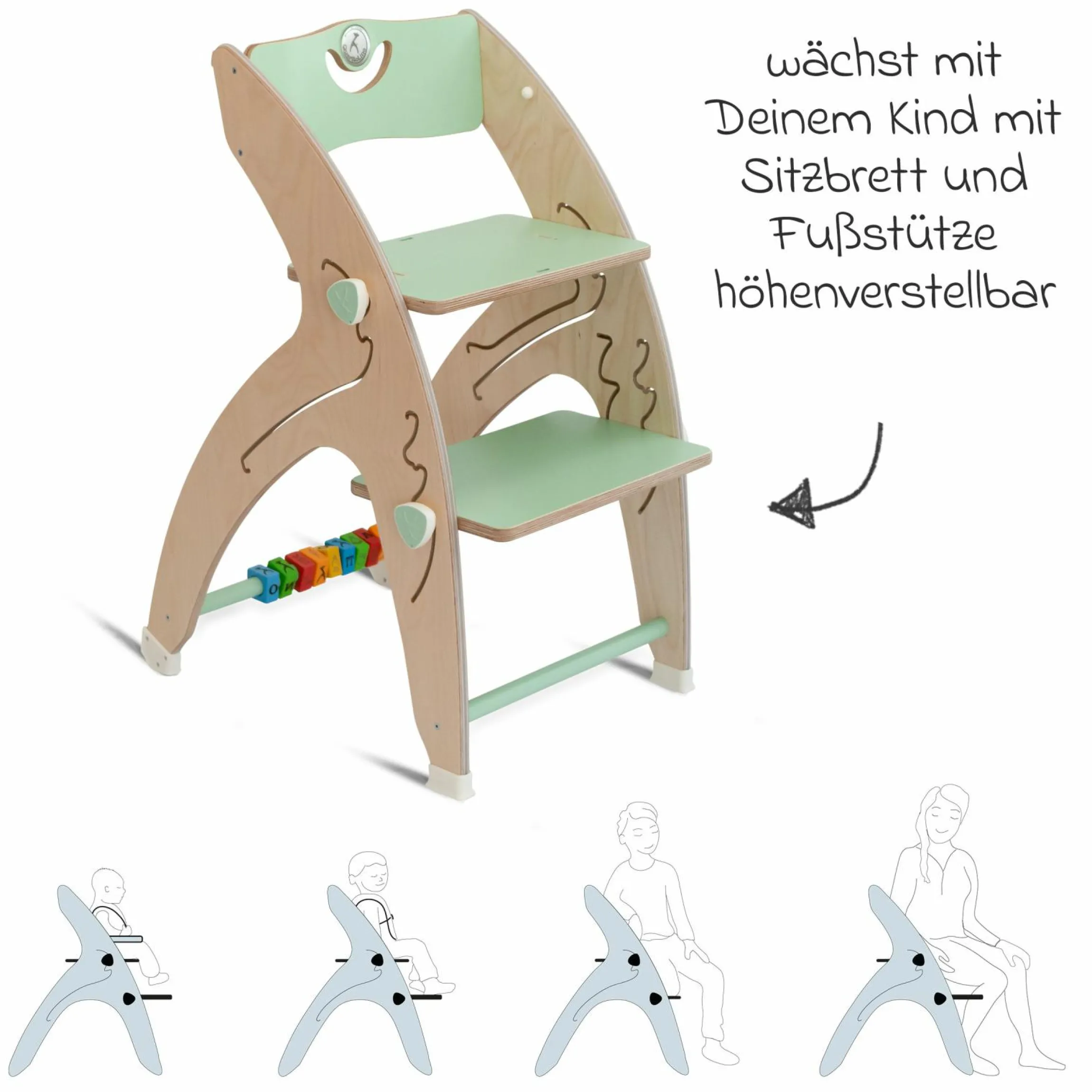 Multifunktionaler Hochstuhl aus Holz - Hochstuhl, Schaukel, Treppe, Lerntower & Babywippe in einem bis 150 kg nutzbar - Grün - Kollektion 2024