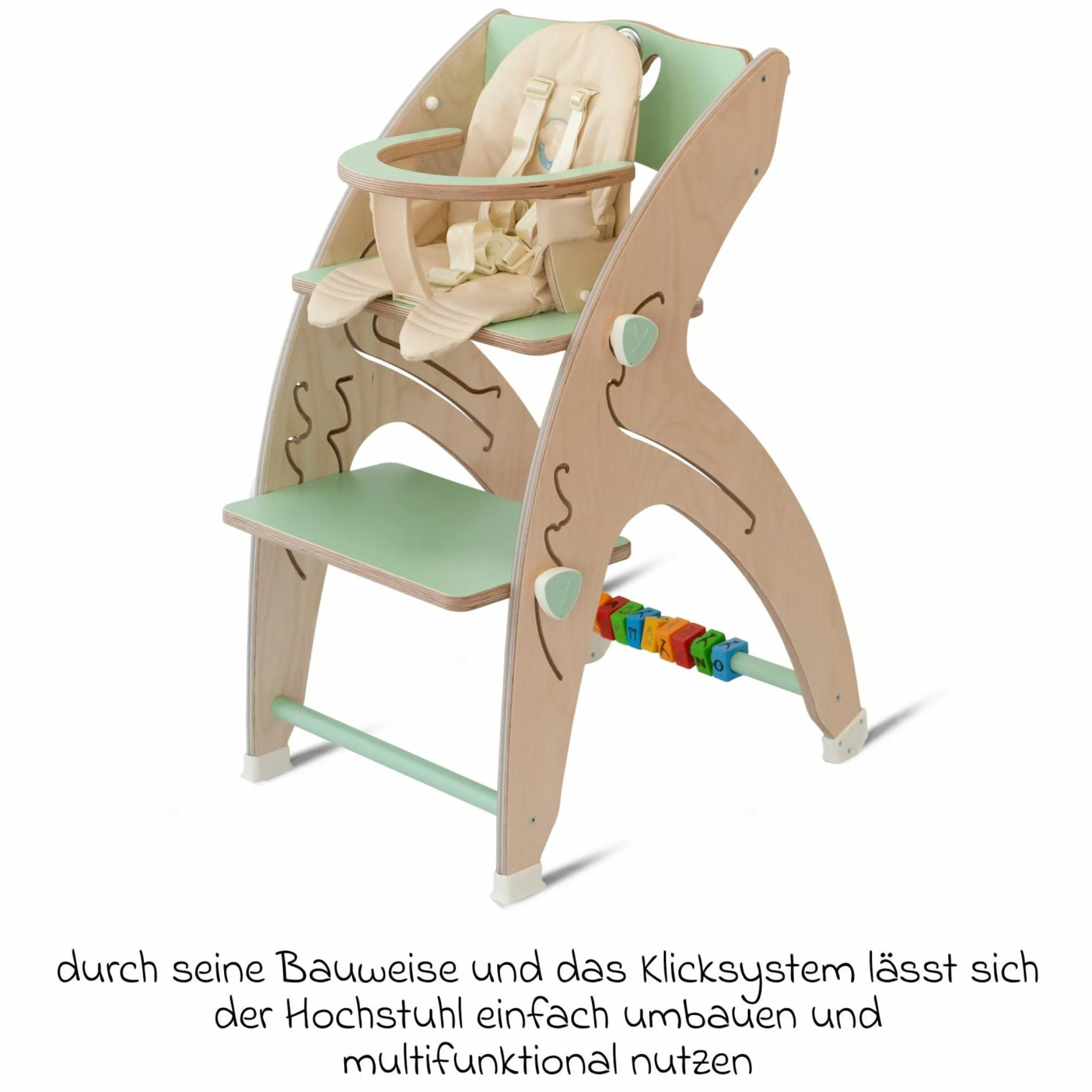 Multifunktionaler Hochstuhl aus Holz - Hochstuhl, Schaukel, Treppe, Lerntower & Babywippe in einem bis 150 kg nutzbar - Grün - Kollektion 2024