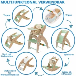 Multifunktionaler Hochstuhl aus Holz - Hochstuhl, Schaukel, Treppe, Lerntower & Babywippe in einem bis 150 kg nutzbar - Grün - Kollektion 2024
