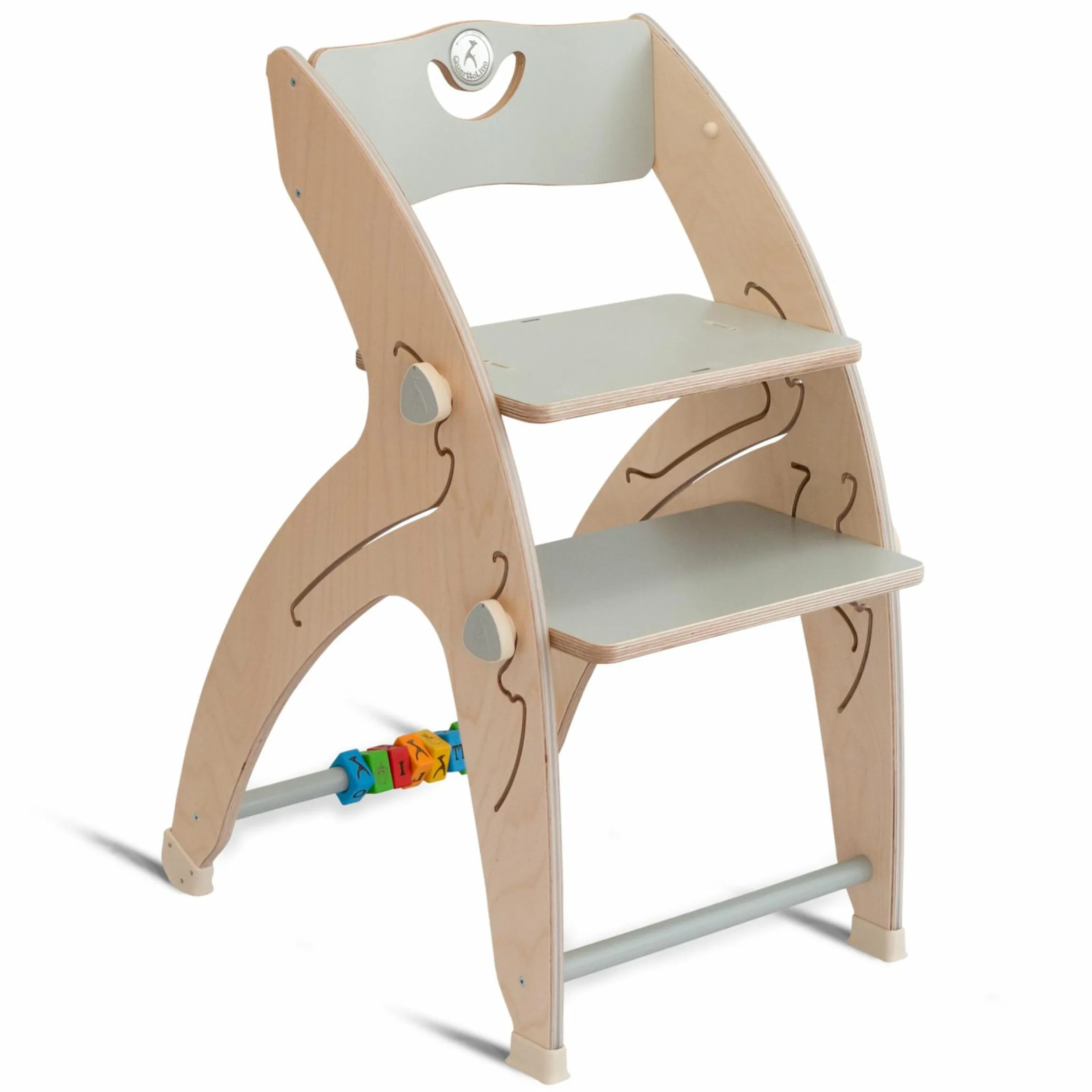 Multifunktionaler Hochstuhl aus Holz - Hochstuhl, Schaukel, Treppe, Lerntower & Babywippe in einem bis 150 kg nutzbar - Grau - Kollektion 2024