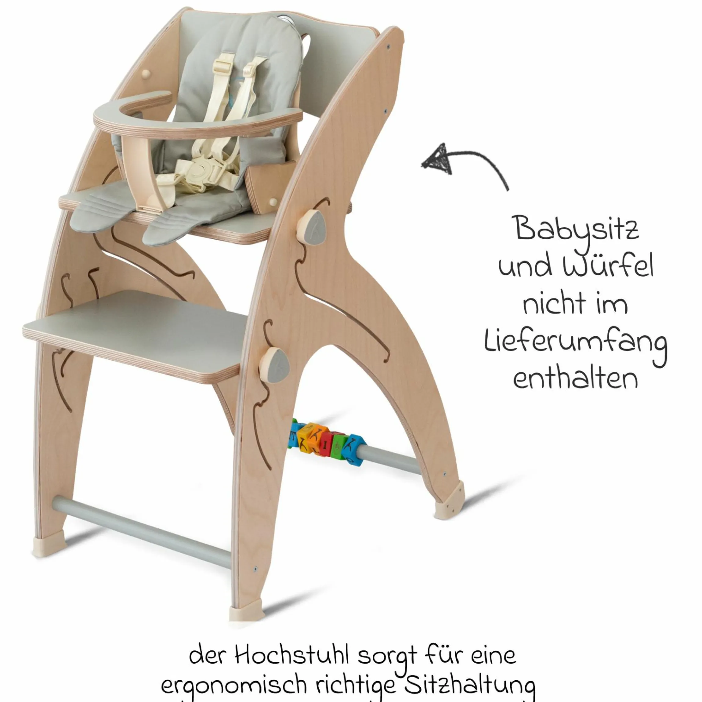 Multifunktionaler Hochstuhl aus Holz - Hochstuhl, Schaukel, Treppe, Lerntower & Babywippe in einem bis 150 kg nutzbar - Grau - Kollektion 2024