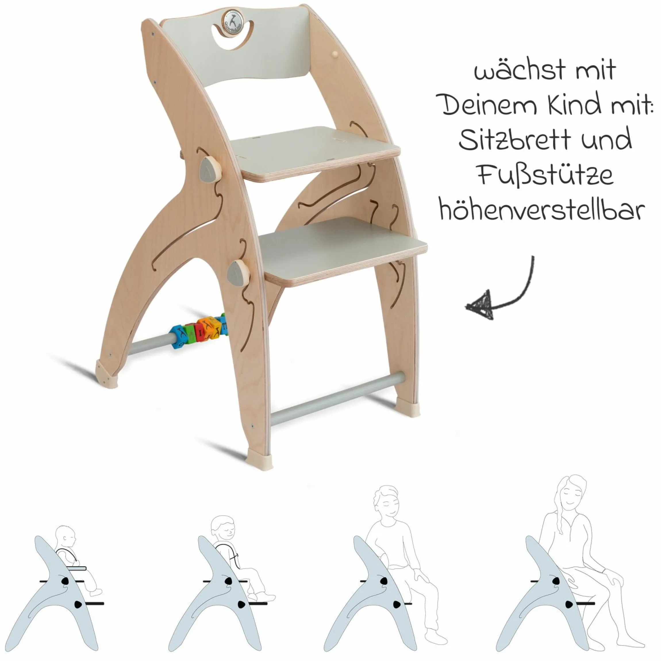 Multifunktionaler Hochstuhl aus Holz - Hochstuhl, Schaukel, Treppe, Lerntower & Babywippe in einem bis 150 kg nutzbar - Grau - Kollektion 2024