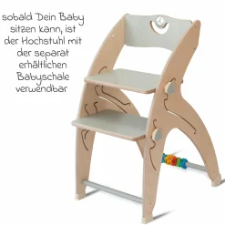 Multifunktionaler Hochstuhl aus Holz - Hochstuhl, Schaukel, Treppe, Lerntower & Babywippe in einem bis 150 kg nutzbar - Grau - Kollektion 2024