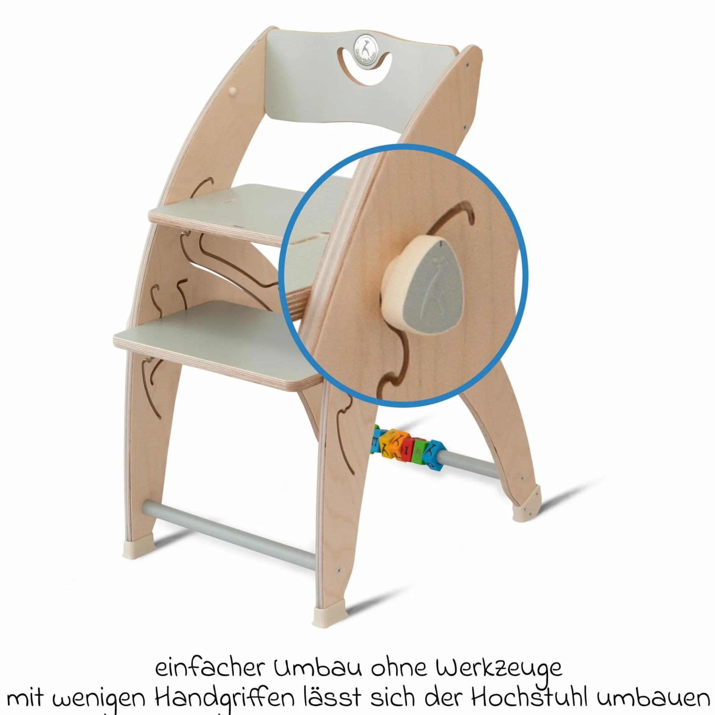 Multifunktionaler Hochstuhl aus Holz - Hochstuhl, Schaukel, Treppe, Lerntower & Babywippe in einem bis 150 kg nutzbar - Grau - Kollektion 2024