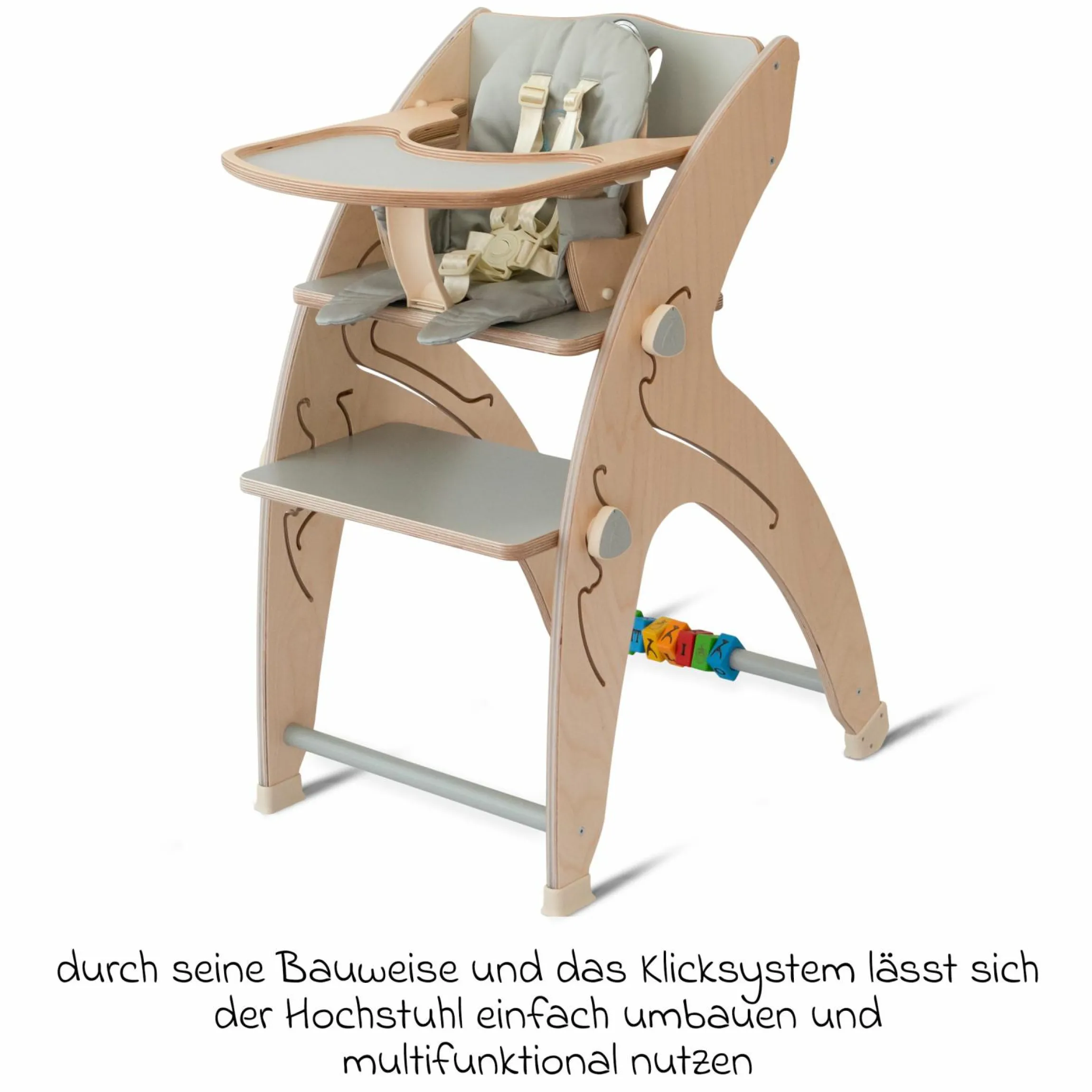 Multifunktionaler Hochstuhl aus Holz - Hochstuhl, Schaukel, Treppe, Lerntower & Babywippe in einem bis 150 kg nutzbar - Grau - Kollektion 2024