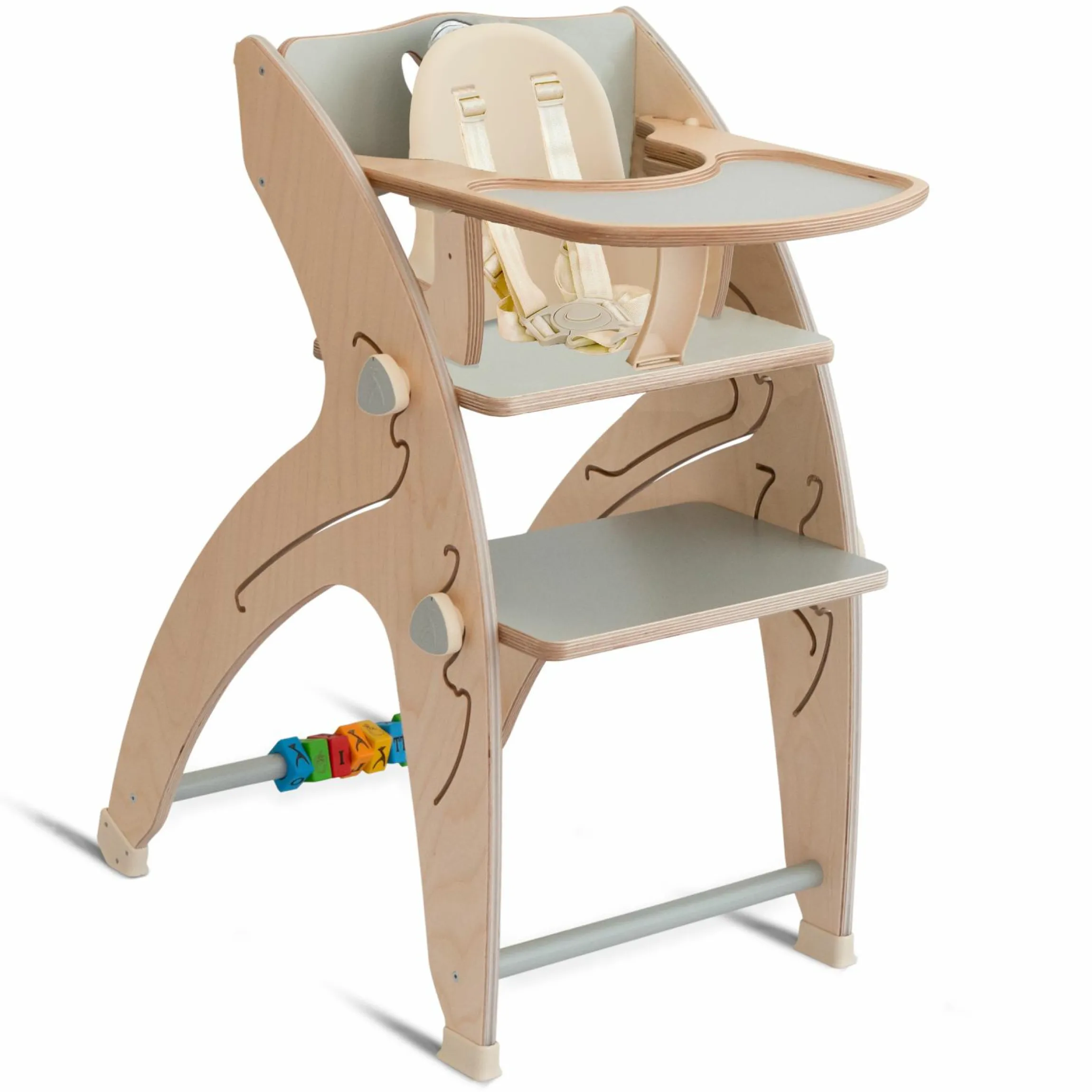 Multifunktionaler Hochstuhl-Set inkl. Babysitz, Tischplatte, Spielwürfel, Sicherheitsgurt - Hochstuhl, Schaukel, Treppe, Lerntower & Babywippe in einem bis 150 kg nutzbar - Grau - Kollektion 2024